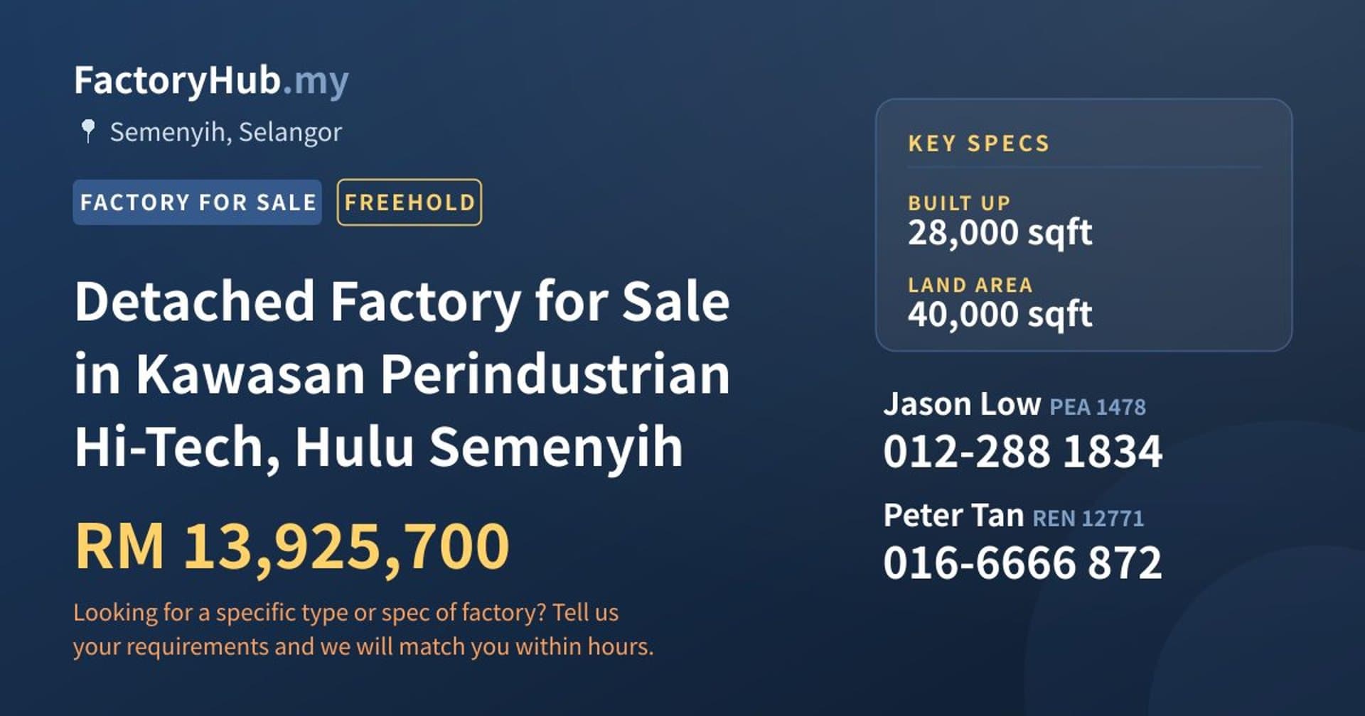 Detached Factory for Sale in Kawasan Perindustrian Hi-Tech, Hulu Semenyih - Property image 1 of 2