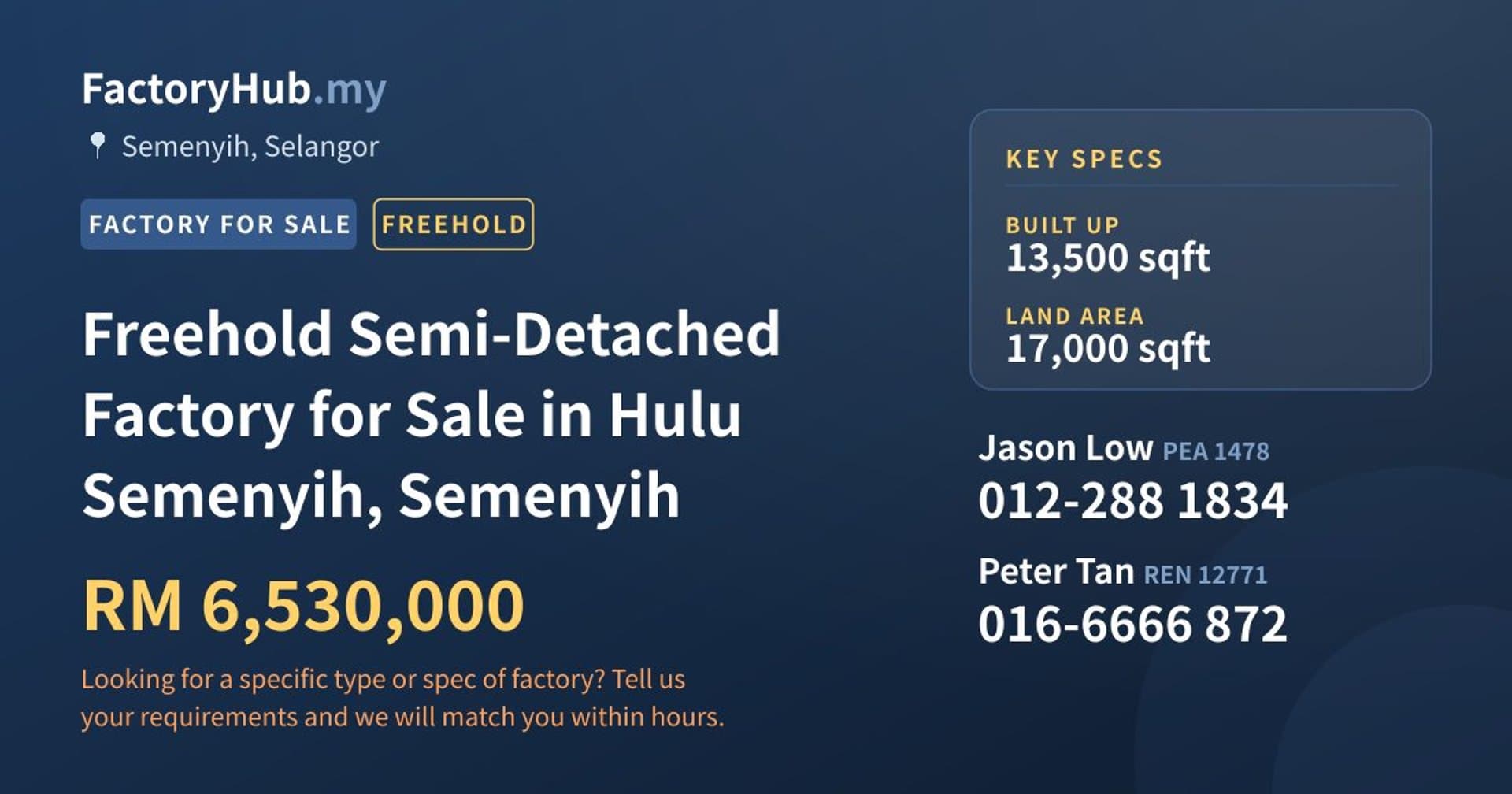 Freehold Semi-Detached Factory for Sale in Hulu Semenyih, Semenyih - Property image 1 of 2