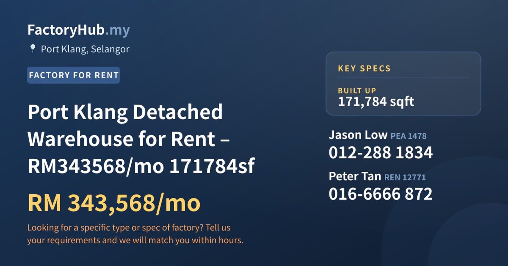 Port Klang Detached Warehouse for Rent – RM343568/mo 171784sf - Property image 1 of 7