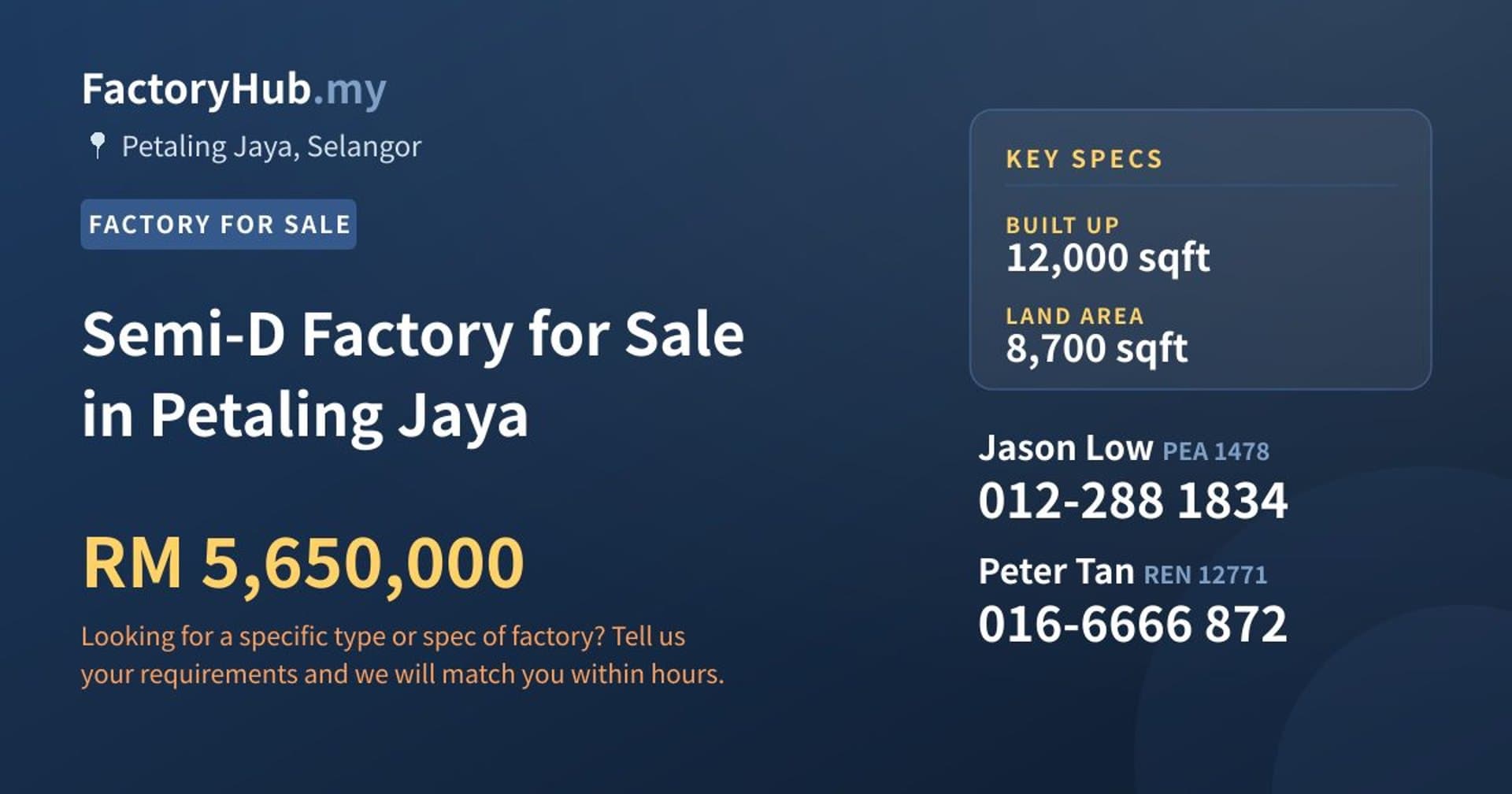 Semi-D Factory for Sale in Petaling Jaya - Property image 1 of 2