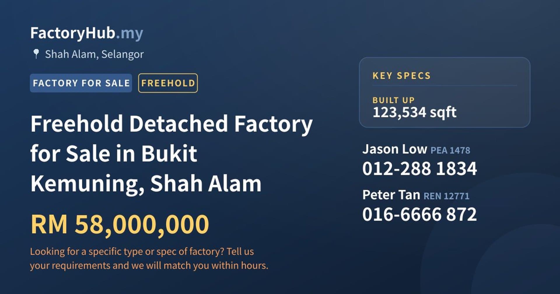 Freehold Detached Factory for Sale in Bukit Kemuning, Shah Alam - Property image 1 of 2