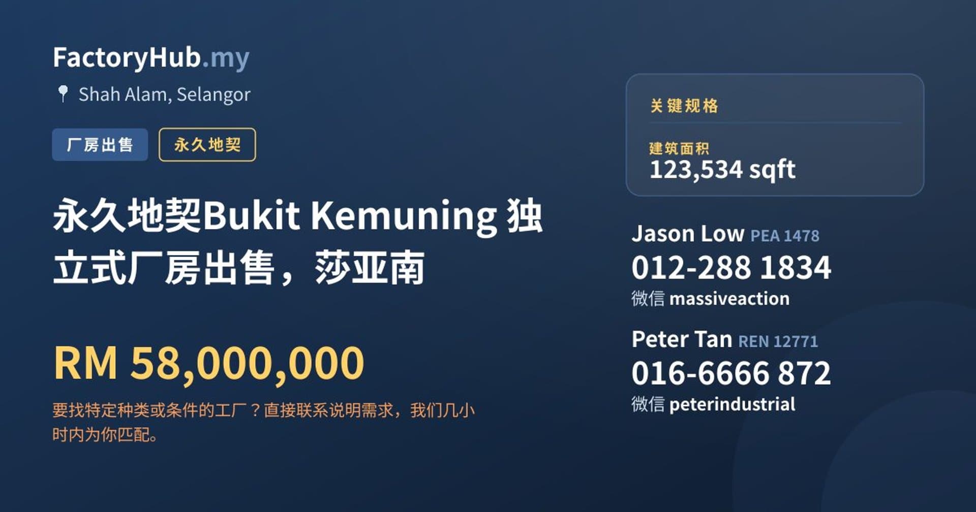 永久地契Bukit Kemuning 独立式厂房出售，莎亚南 · 房源图片 1/2