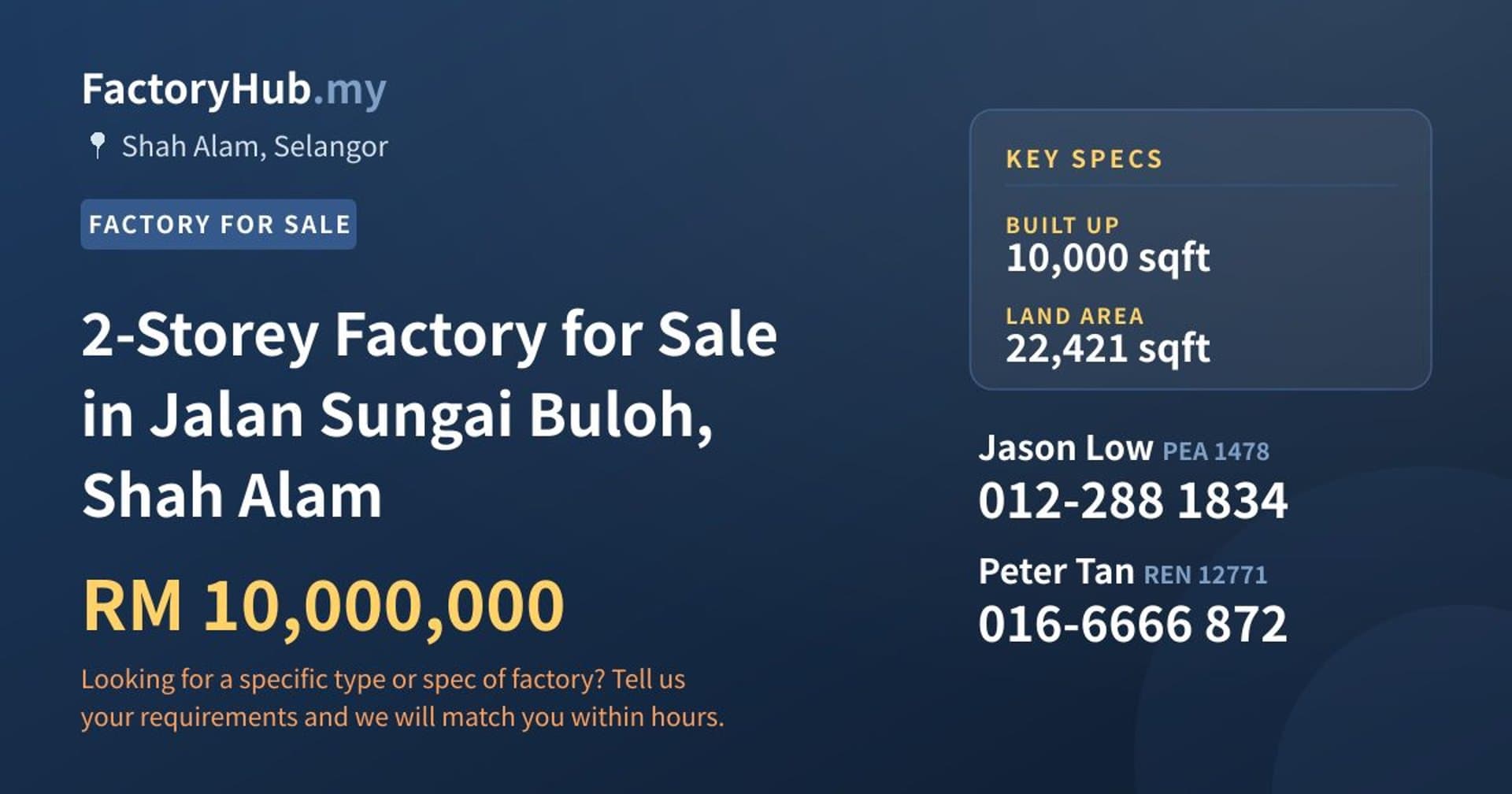 2-Storey Factory for Sale in Jalan Sungai Buloh, Shah Alam - Property image 1 of 2