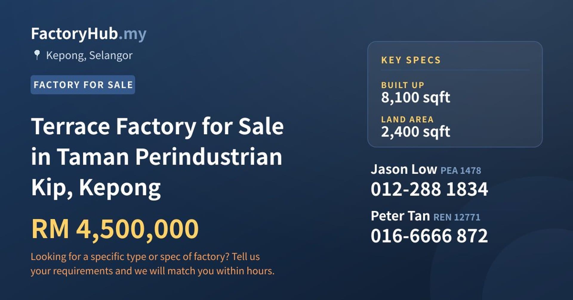 Terrace Factory for Sale in Taman Perindustrian Kip, Kepong - Property image 1 of 2