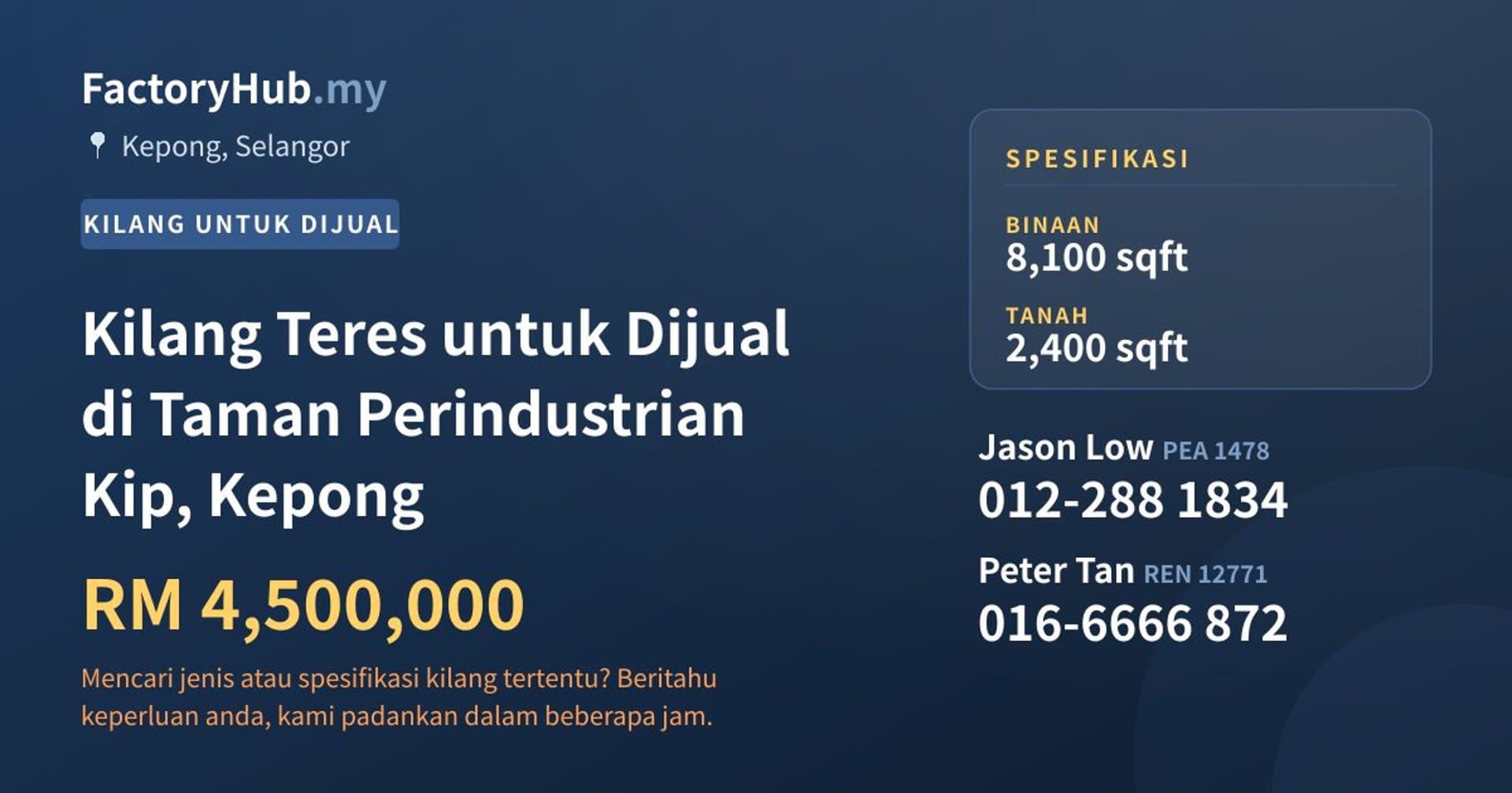 Kilang Teres untuk Dijual di Taman Perindustrian Kip, Kepong · Imej hartanah 1/2