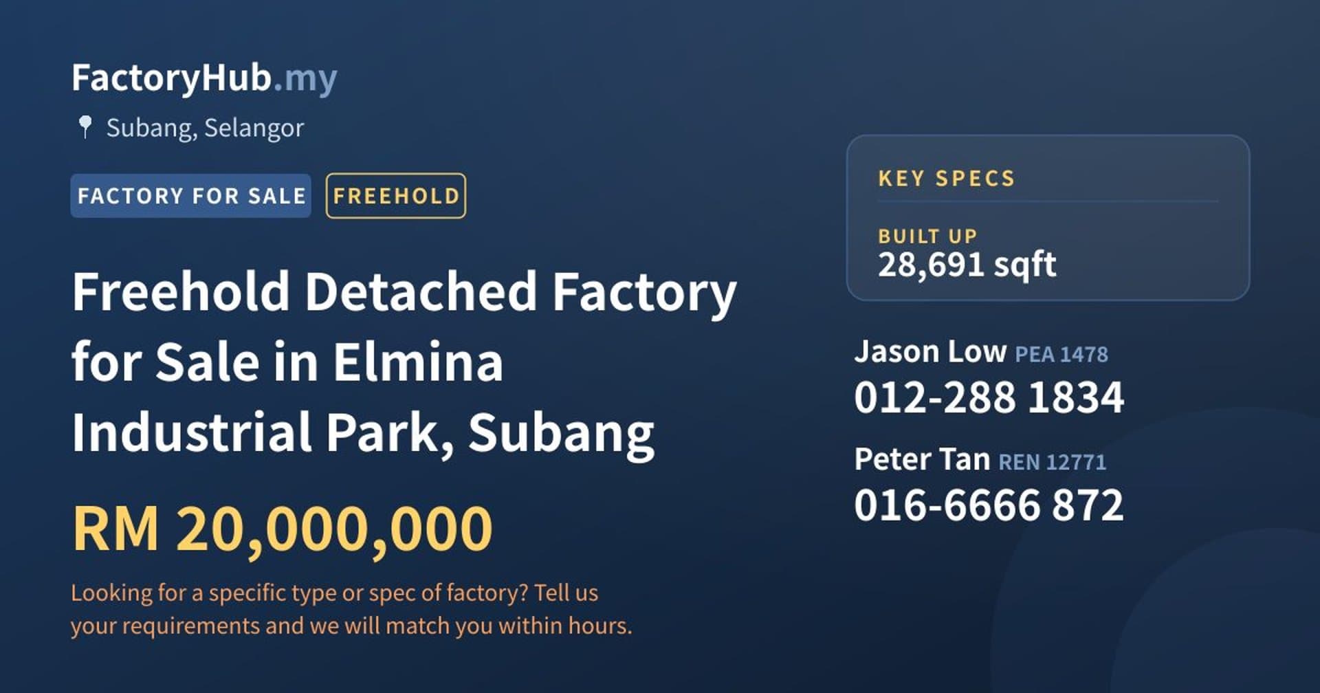 Freehold Detached Factory for Sale in Elmina Industrial Park, Subang - Property image 1 of 2