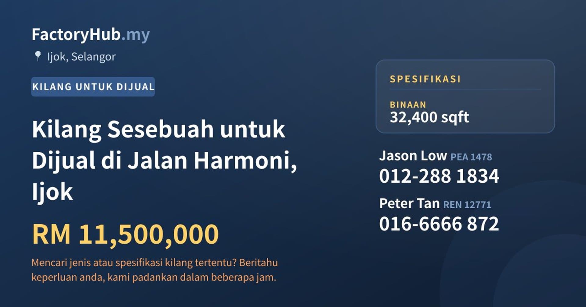 Kilang Sesebuah untuk Dijual di Jalan Harmoni, Ijok · Imej hartanah 1/2