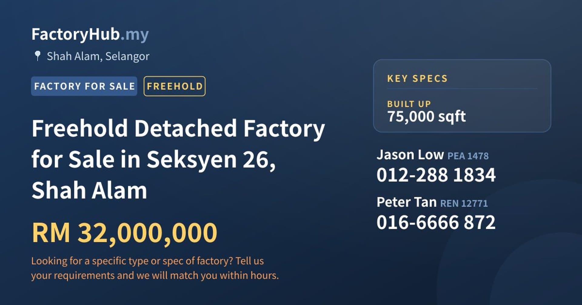 Freehold Detached Factory for Sale in Seksyen 26, Shah Alam - Property image 1 of 2
