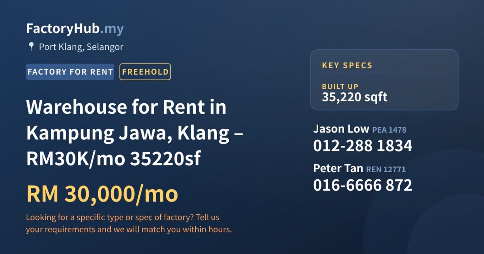 Warehouse for Rent in Kampung Jawa, Klang – RM30K/mo 35220sf - Property image 1 of 4