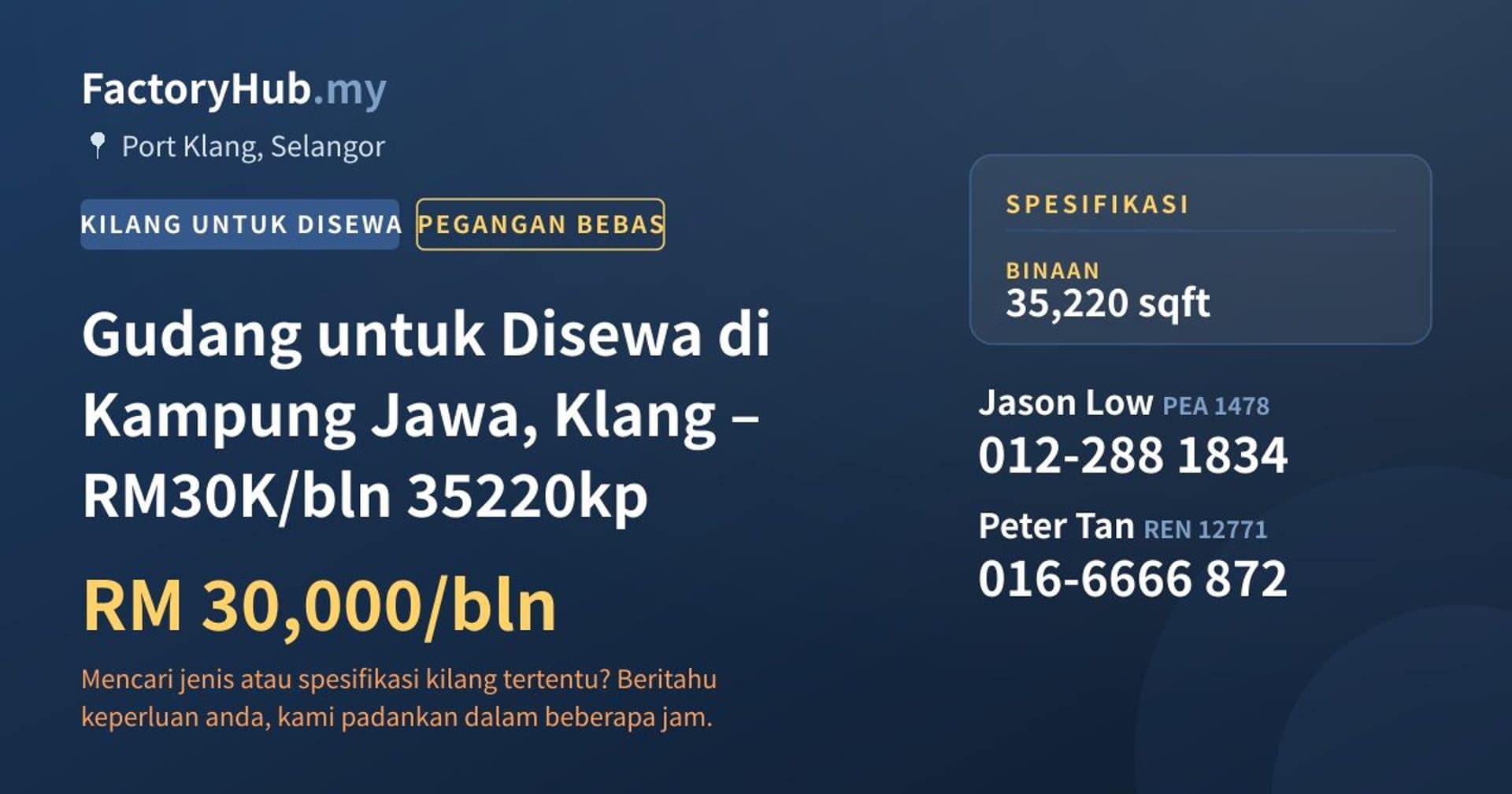 Gudang untuk Disewa di Kampung Jawa, Klang – RM30K/bln 35220kp · Imej hartanah 1/4