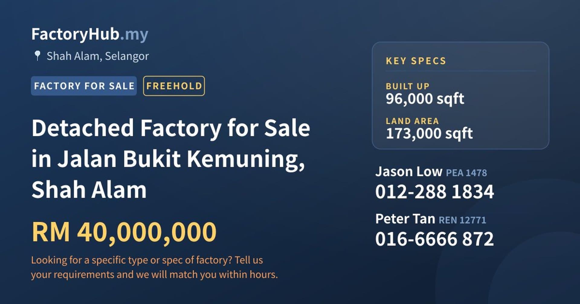 Detached Factory for Sale in Jalan Bukit Kemuning, Shah Alam - Property image 1 of 2