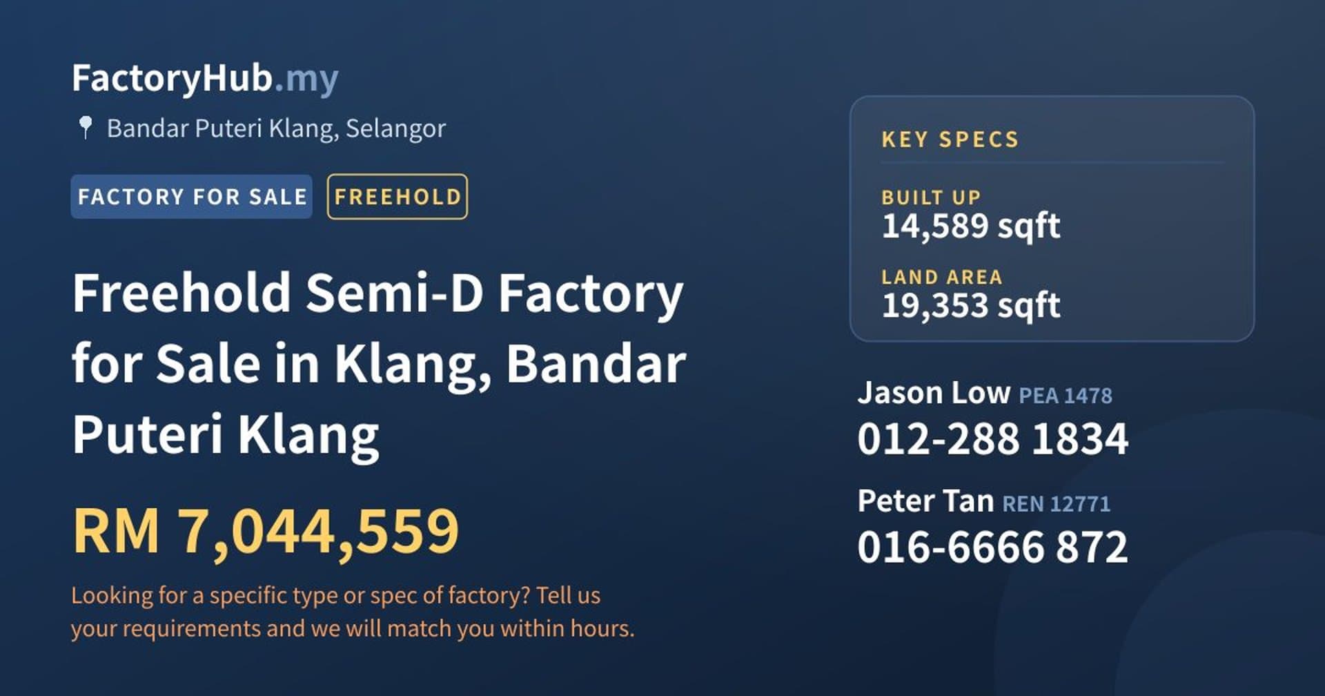 Freehold Semi-D Factory for Sale in Klang, Bandar Puteri Klang - Property image 1 of 2