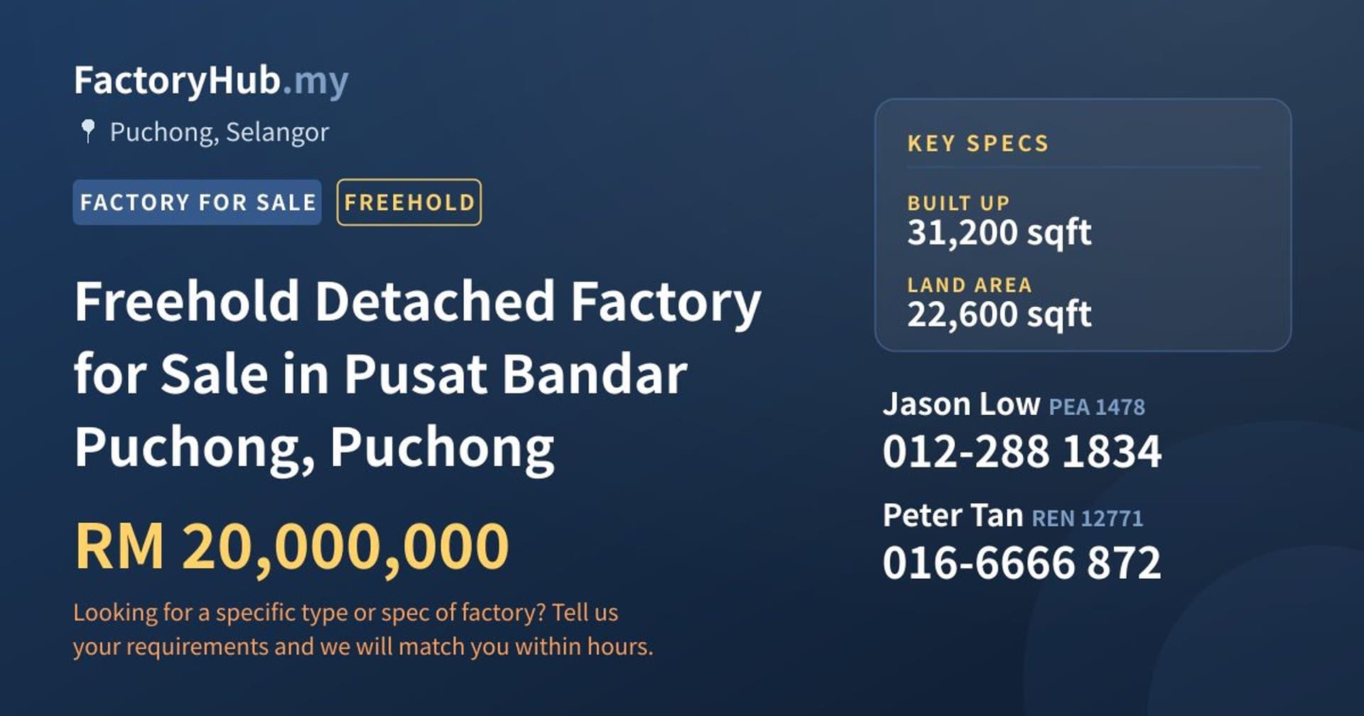 Freehold Detached Factory for Sale in Pusat Bandar Puchong, Puchong - Property image 1 of 2