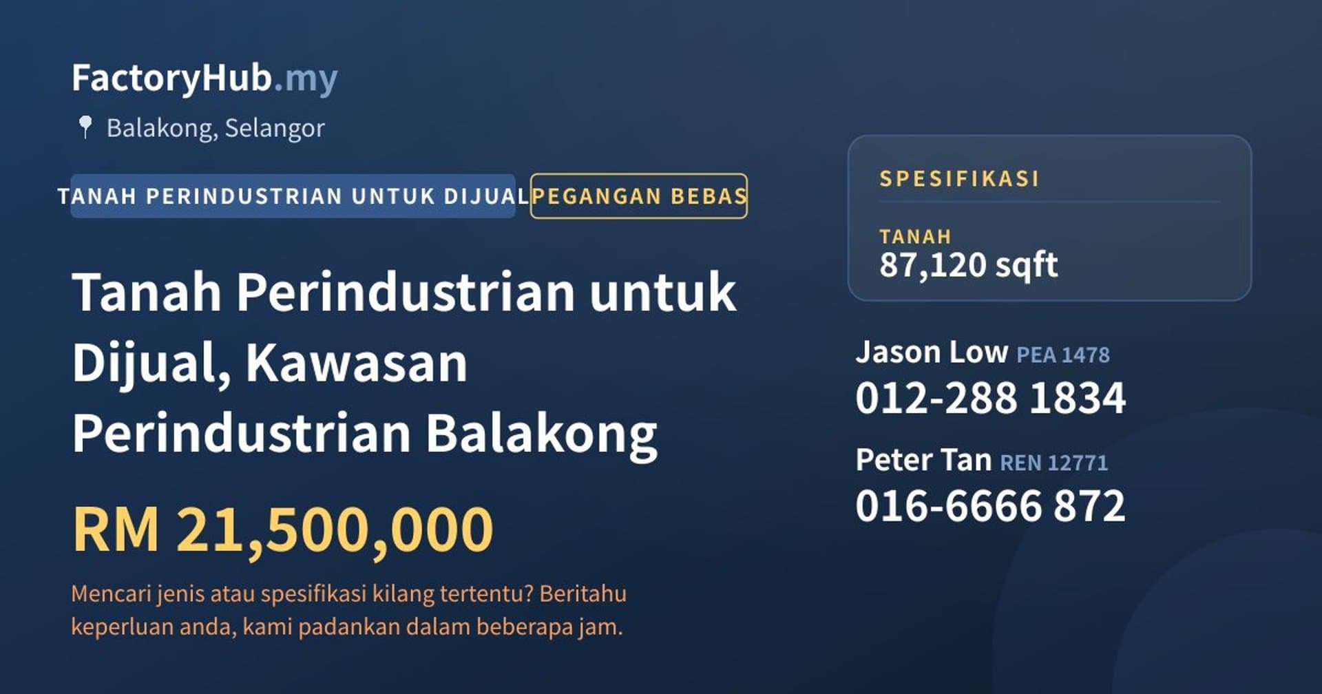 Tanah Perindustrian untuk Dijual, Kawasan Perindustrian Balakong · Imej hartanah 1/2
