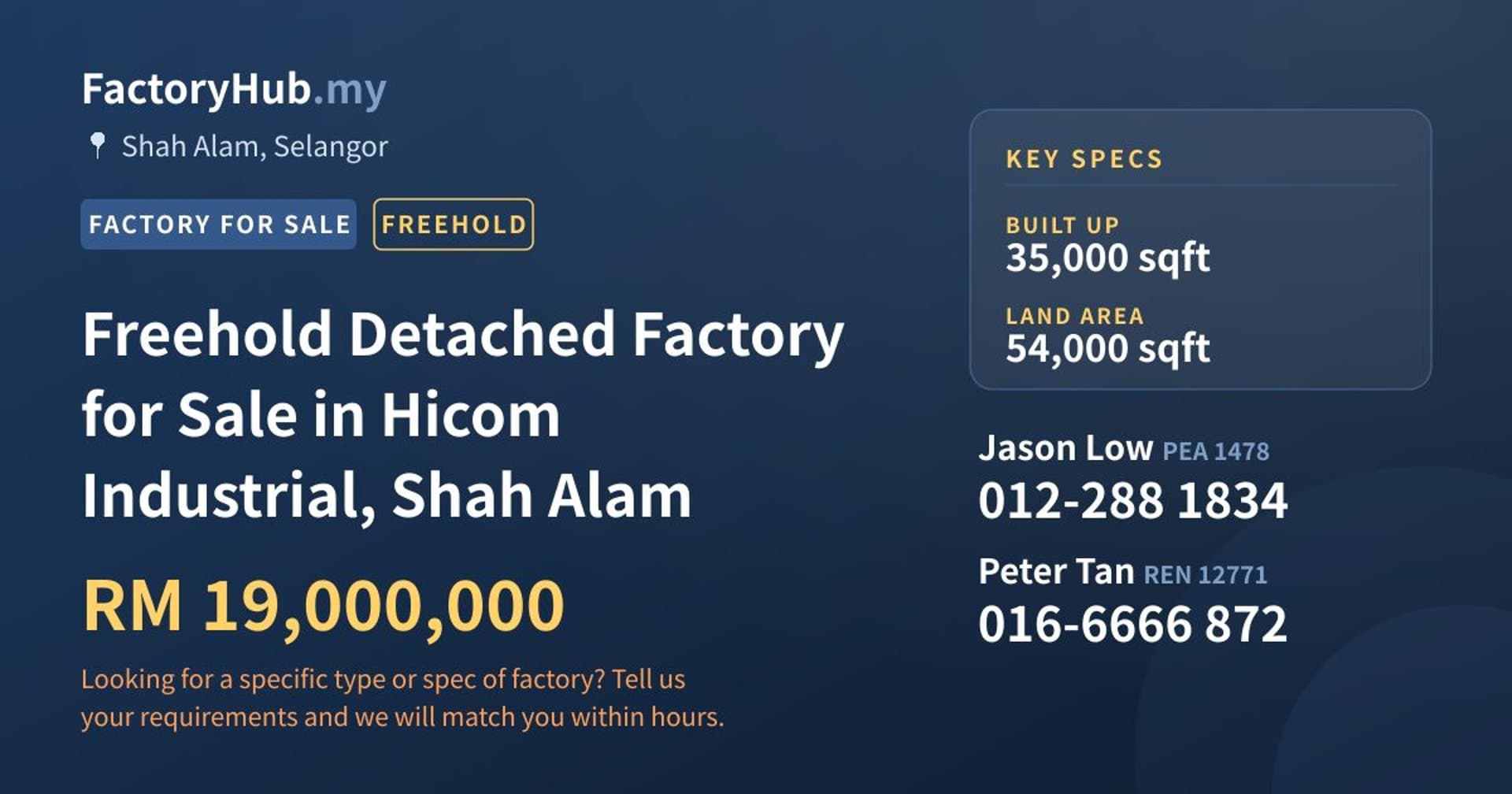 Freehold Detached Factory for Sale in Hicom Industrial, Shah Alam - Property image 1 of 2