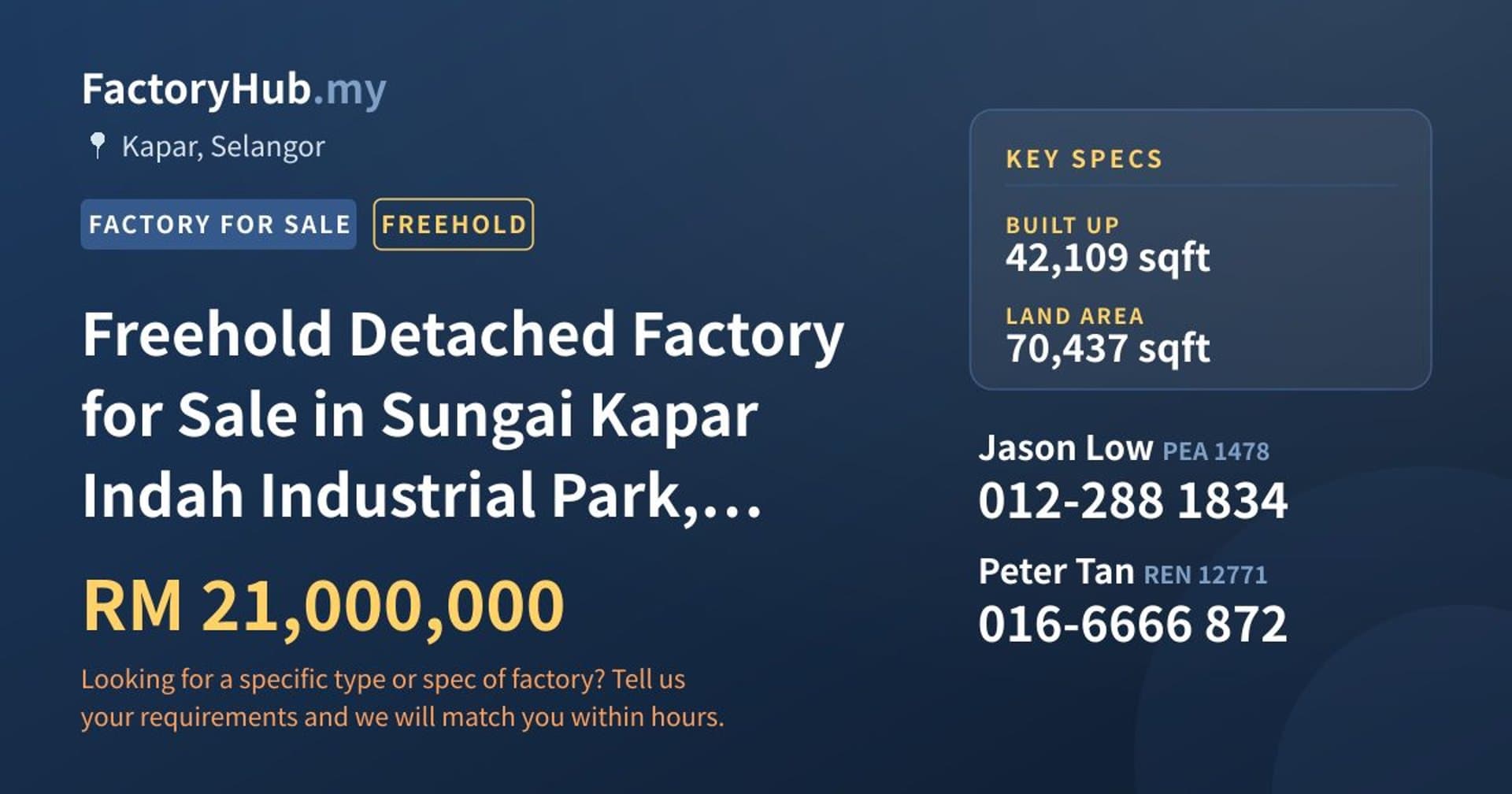 Freehold Detached Factory for Sale in Sungai Kapar Indah Industrial Park, Kapar - Property image 1 of 2