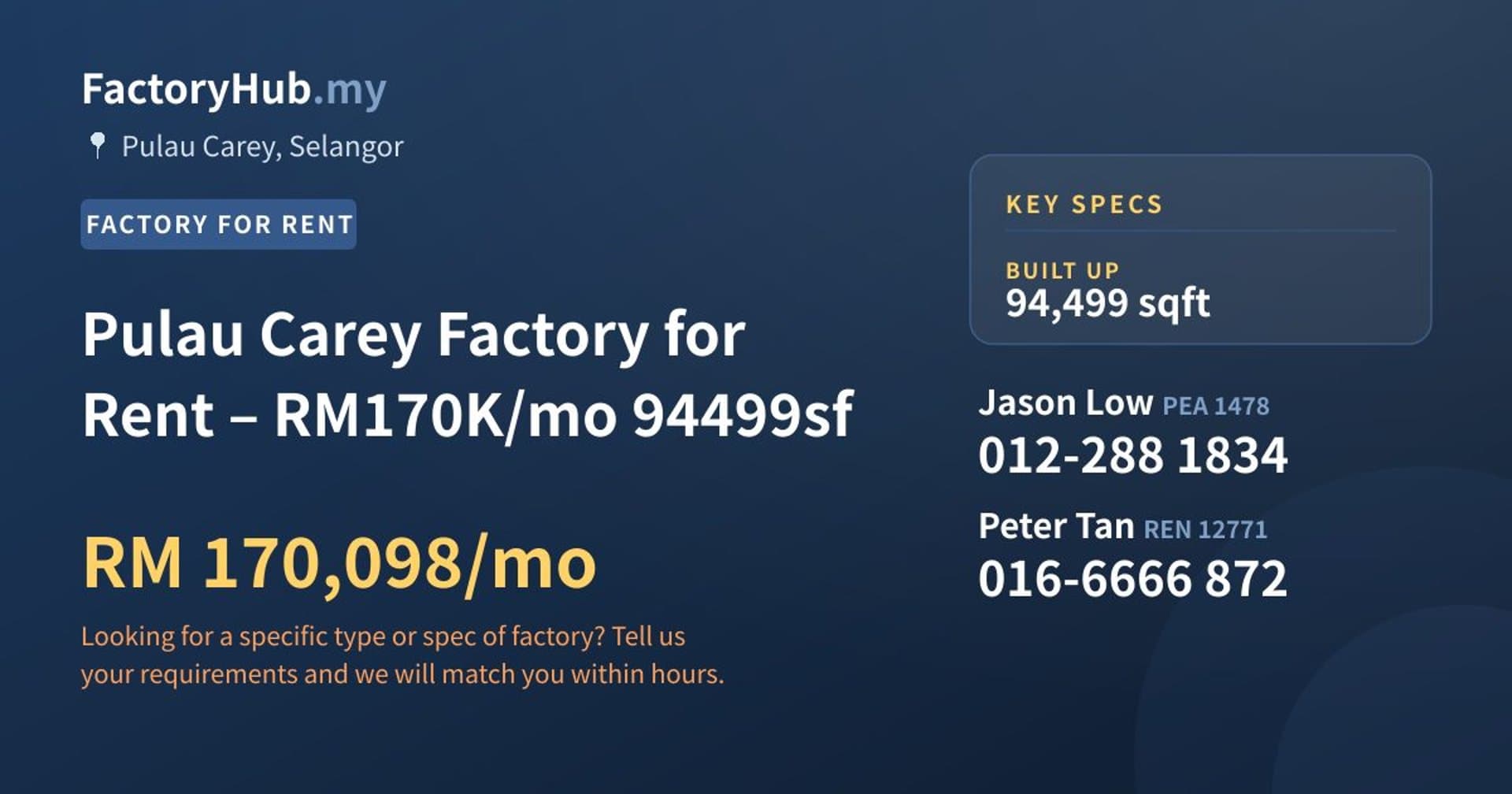 Pulau Carey Factory for Rent – RM170K/mo 94499sf - Property image 1 of 6
