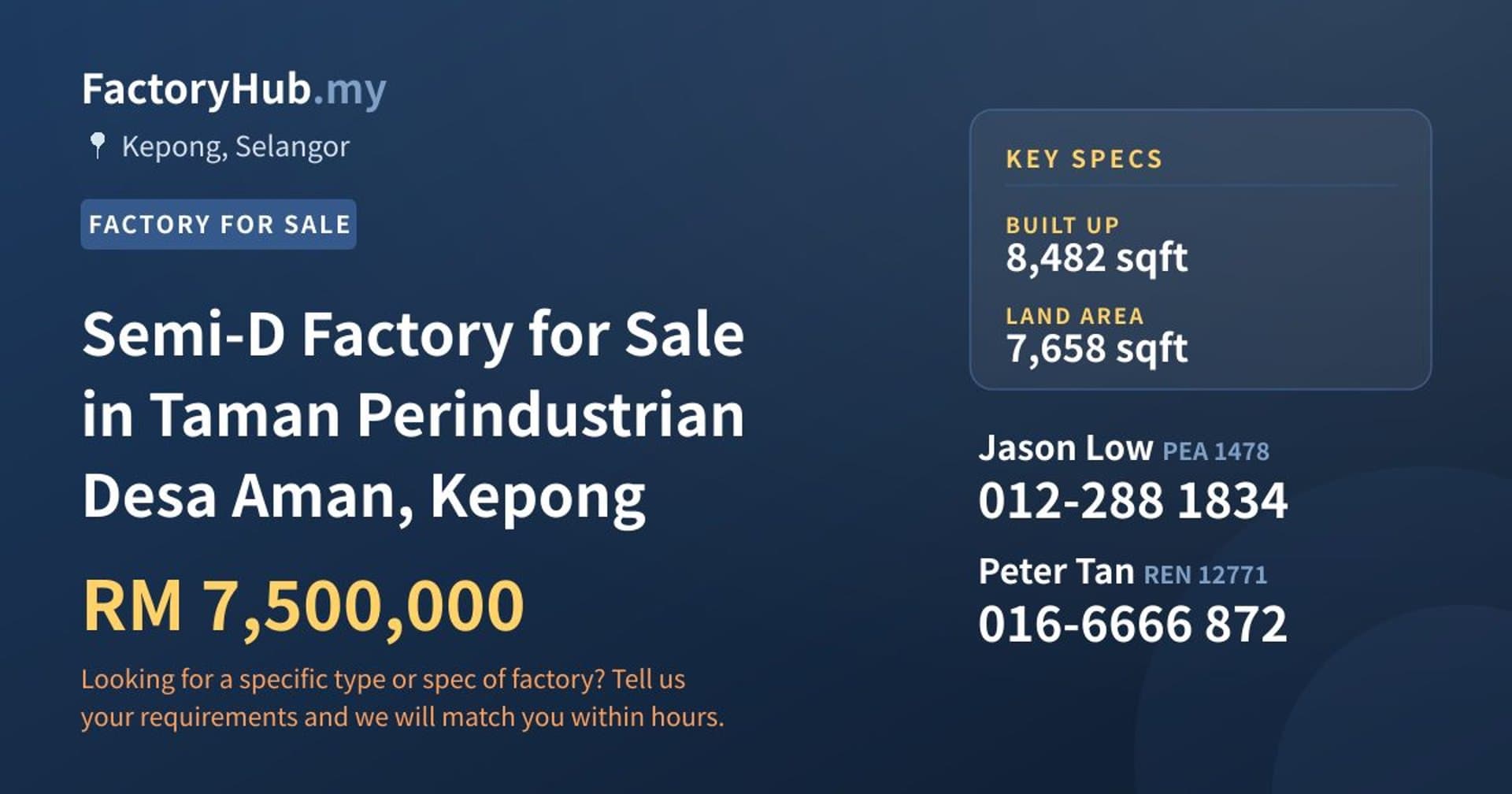 Semi-D Factory for Sale in Taman Perindustrian Desa Aman, Kepong - Property image 1 of 2