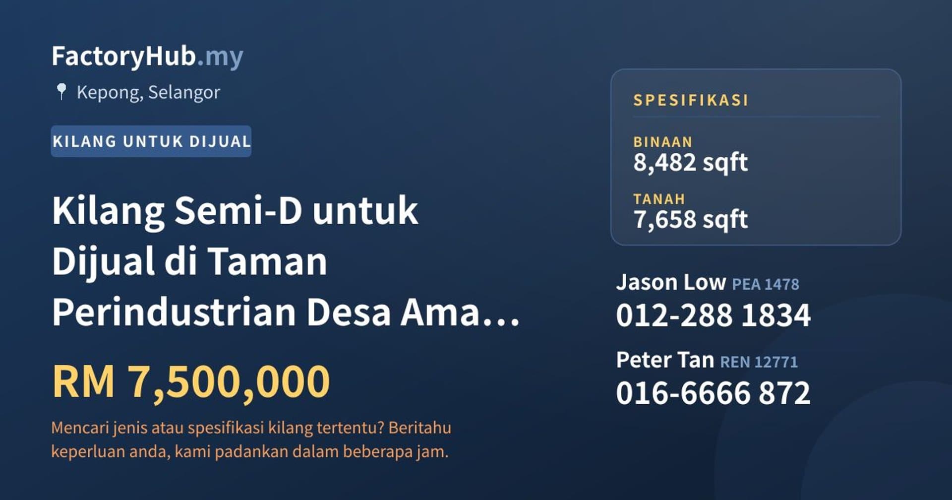 Kilang Semi-D untuk Dijual di Taman Perindustrian Desa Aman, Kepong · Imej hartanah 1/2