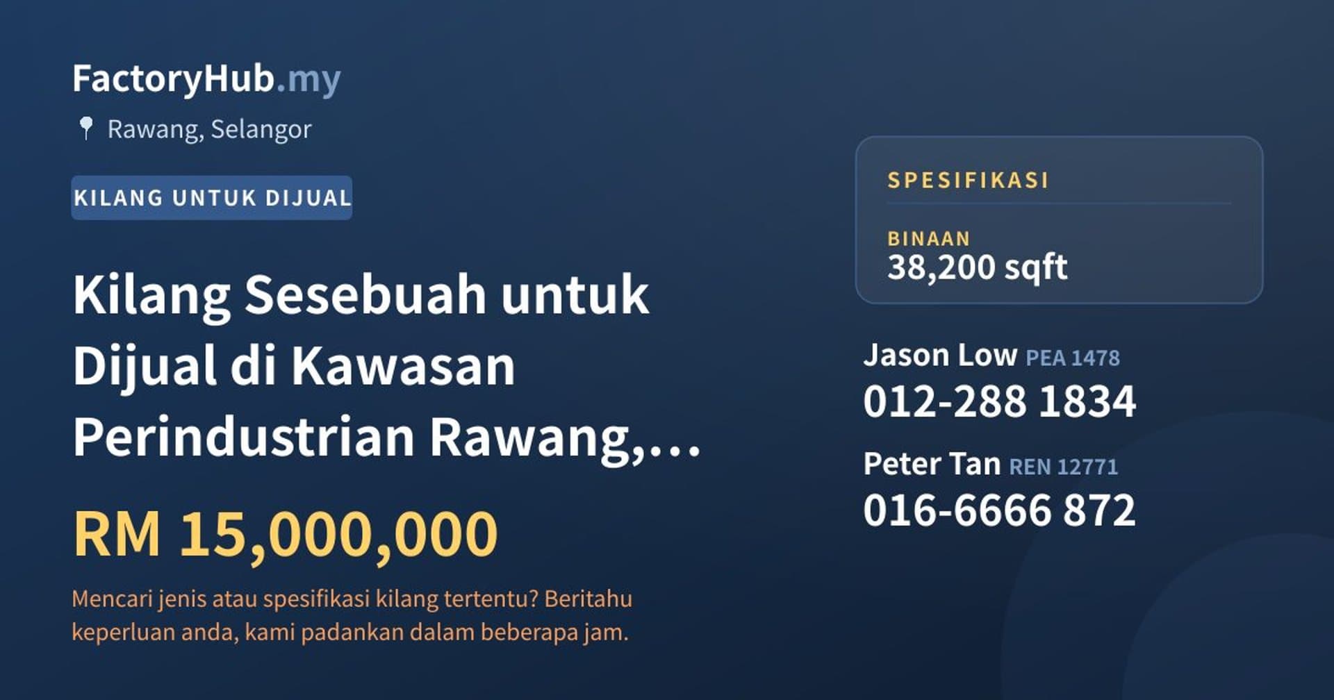 Kilang Sesebuah untuk Dijual di Kawasan Perindustrian Rawang, Rawang · Imej hartanah 1/2