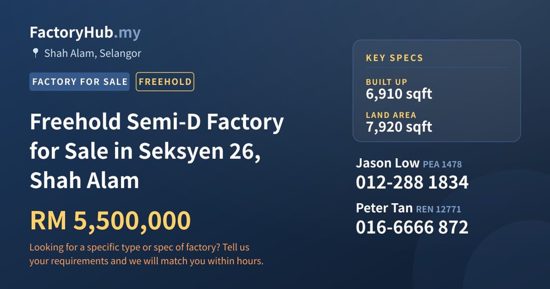 Freehold Semi-D Factory for Sale in Seksyen 26, Shah Alam - Property image 1 of 2