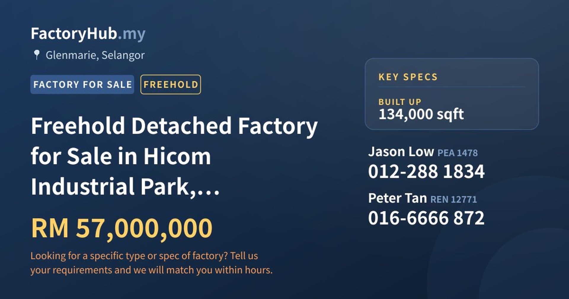Freehold Detached Factory for Sale in Hicom Industrial Park, Glenmarie - Property image 1 of 2