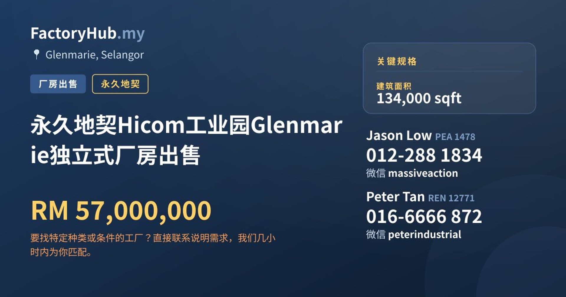 永久地契Hicom工业园Glenmarie独立式厂房出售 · 房源图片 1/2