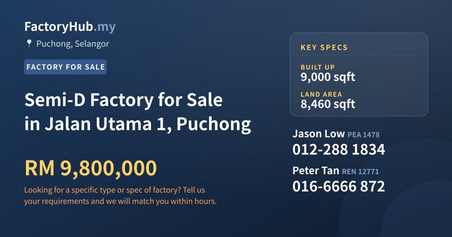 Semi-D Factory for Sale in Jalan Utama 1, Puchong - Property image 1 of 2
