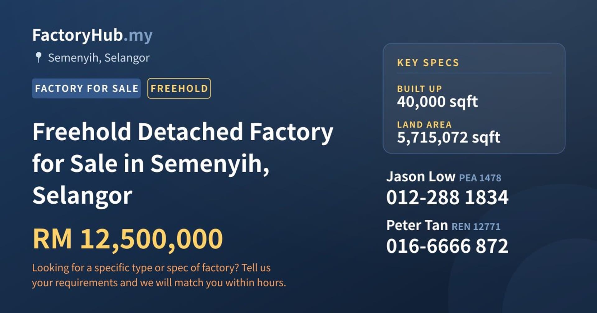 Freehold Detached Factory for Sale in Semenyih, Selangor - Property image 1 of 2