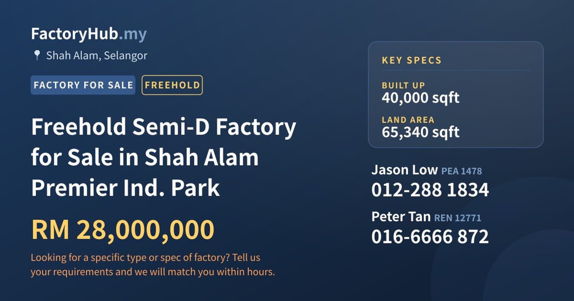 Freehold Semi-D Factory for Sale in Shah Alam Premier Ind. Park - Property image 1 of 2