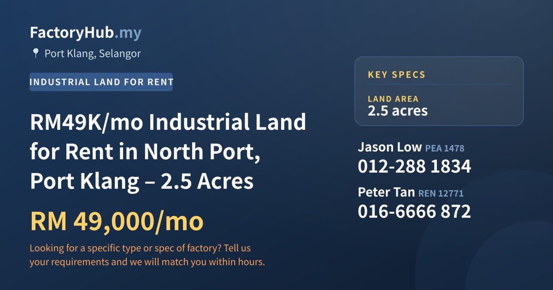 RM49K/mo Industrial Land for Rent in North Port, Port Klang – 2.5 Acres - Property image 1 of 4