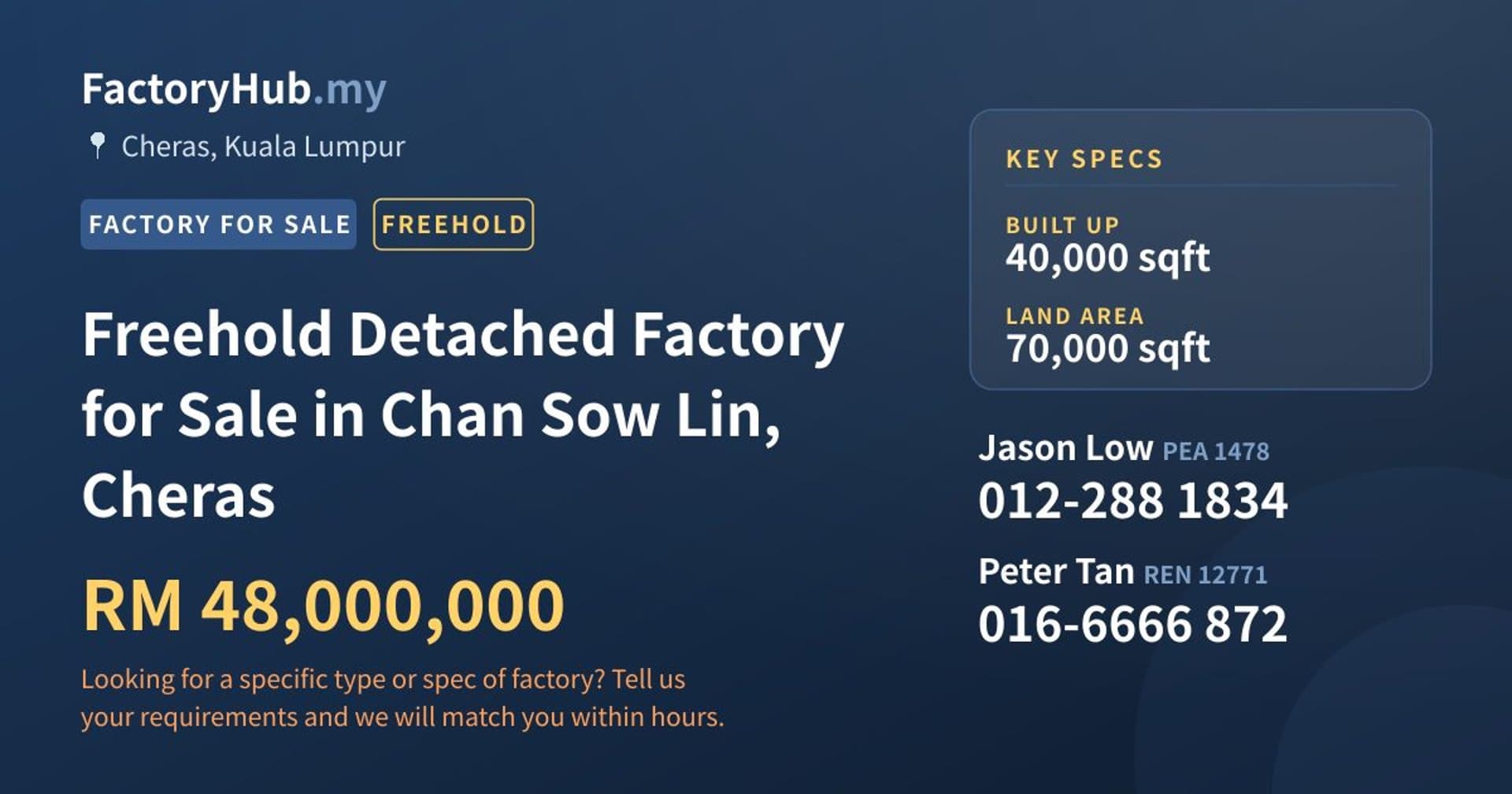 Freehold Detached Factory for Sale in Chan Sow Lin, Cheras - Property image 1 of 2