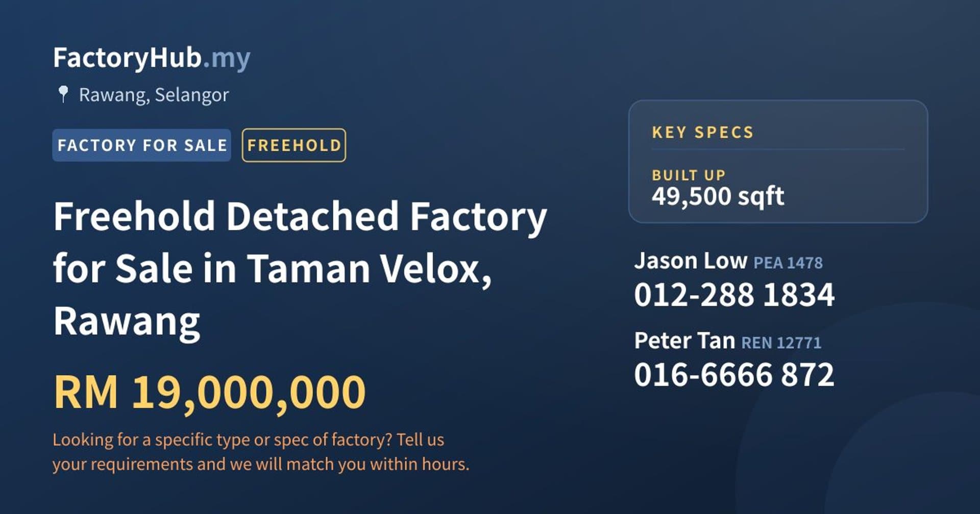 Freehold Detached Factory for Sale in Taman Velox, Rawang - Property image 1 of 2