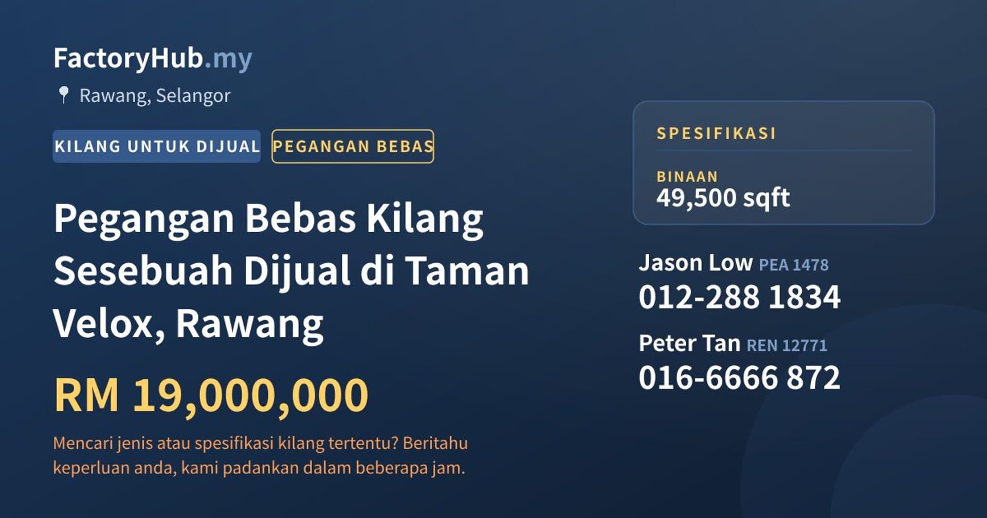 Pegangan Bebas Kilang Sesebuah Dijual di Taman Velox, Rawang · Imej hartanah 1/2