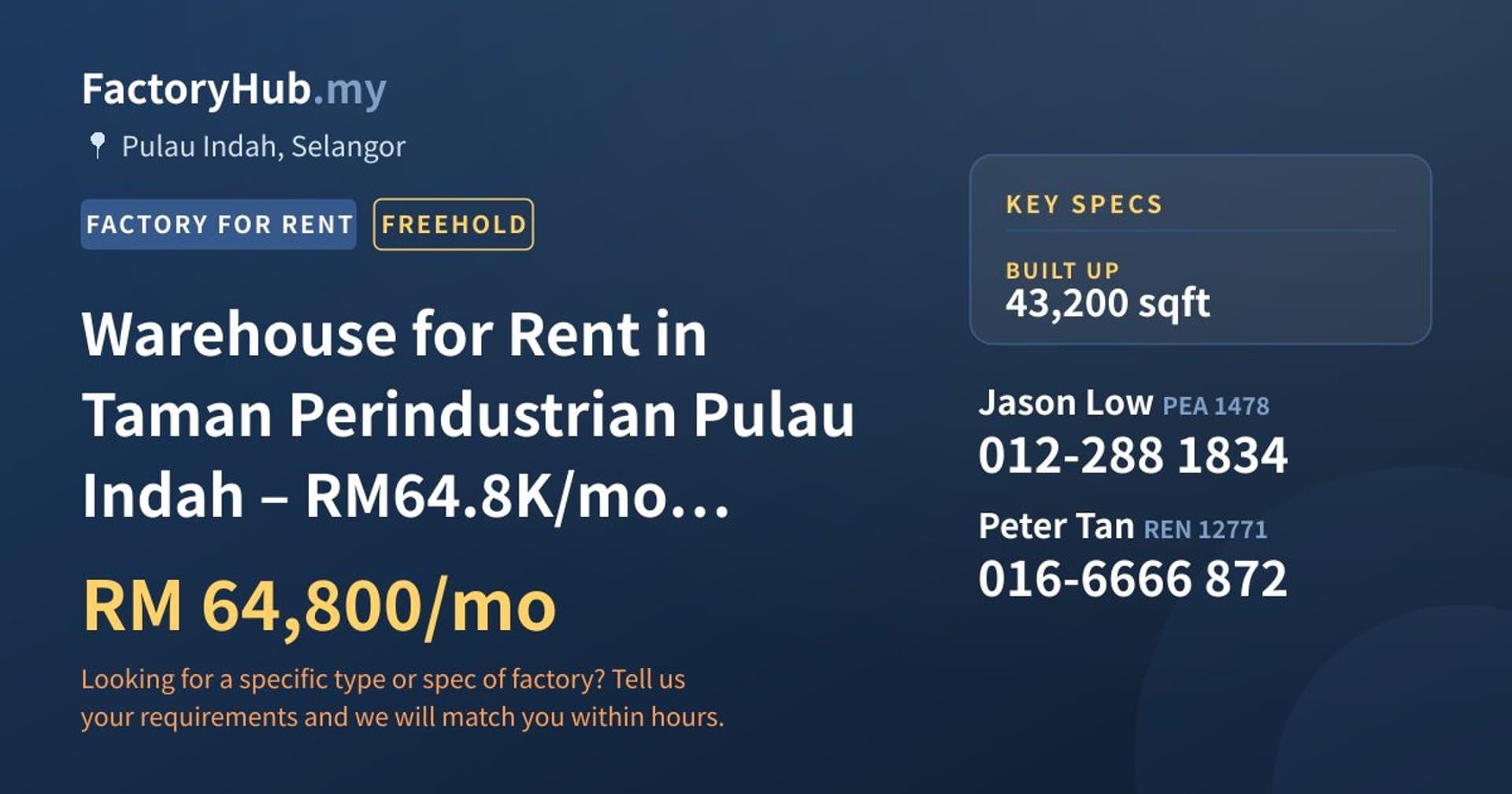 Warehouse for Rent in Taman Perindustrian Pulau Indah – RM64.8K/mo 43200sf - Property image 1 of 4