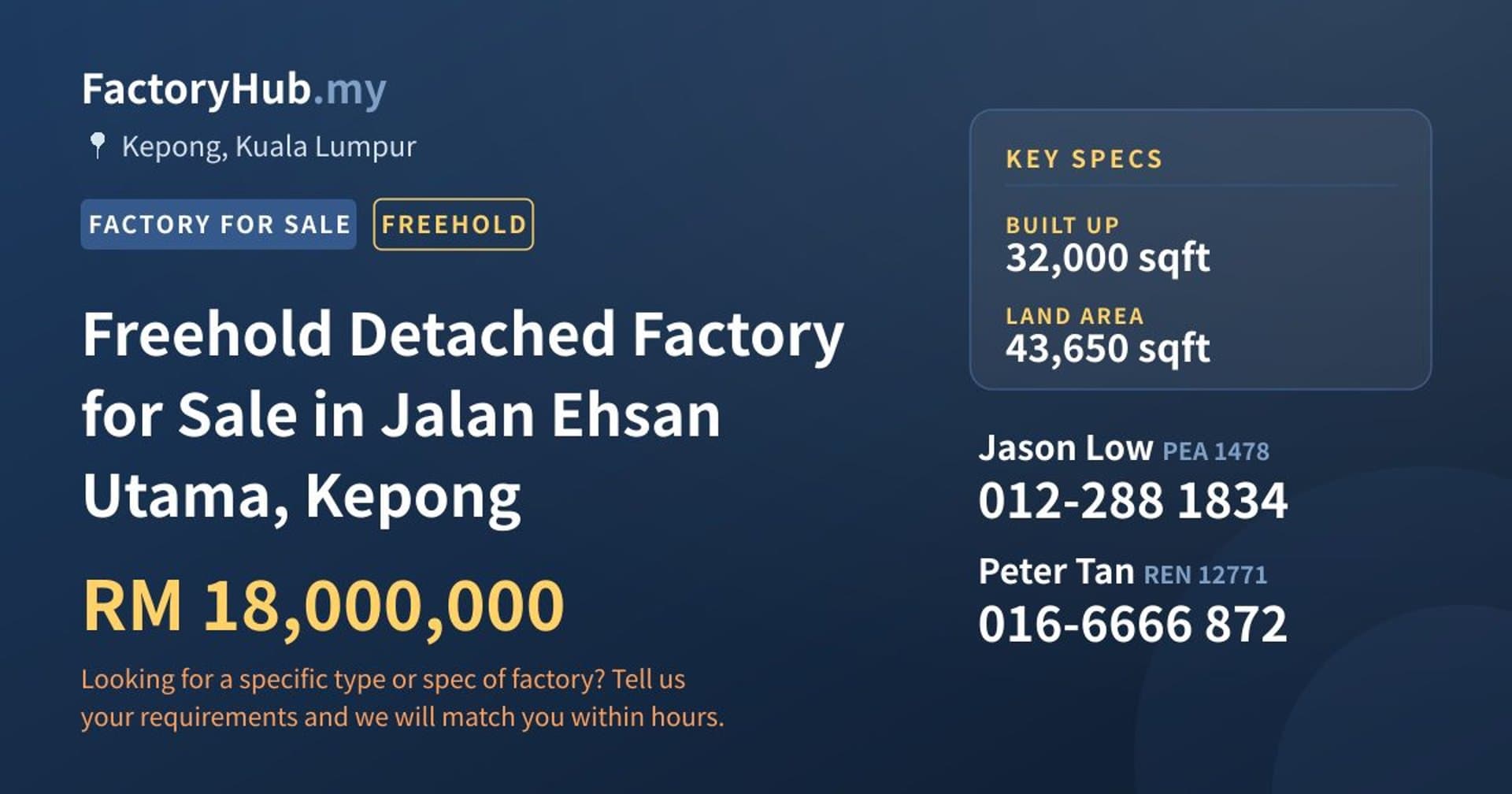 Freehold Detached Factory for Sale in Jalan Ehsan Utama, Kepong - Property image 1 of 2