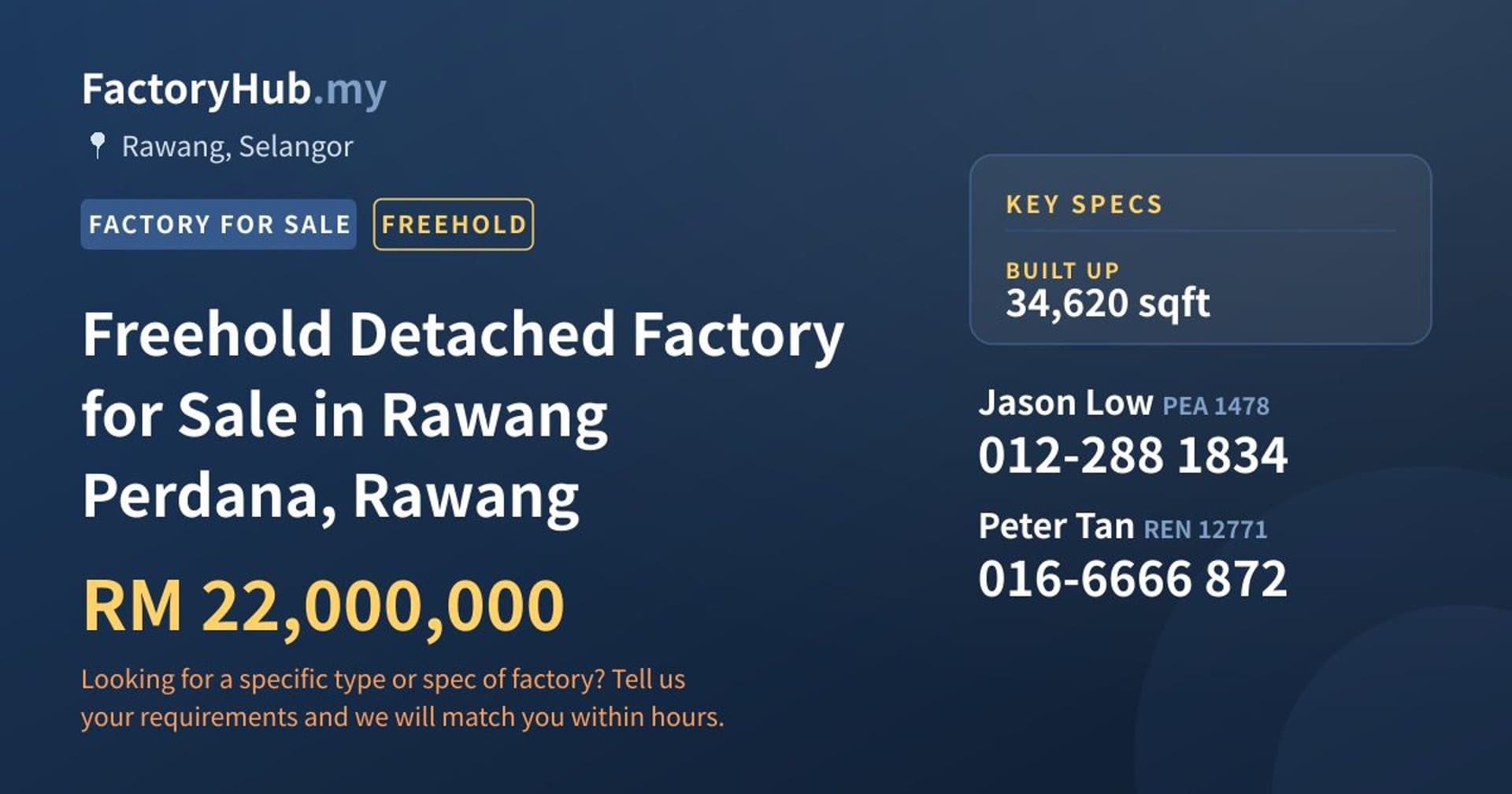 Freehold Detached Factory for Sale in Rawang Perdana, Rawang - Property image 1 of 2