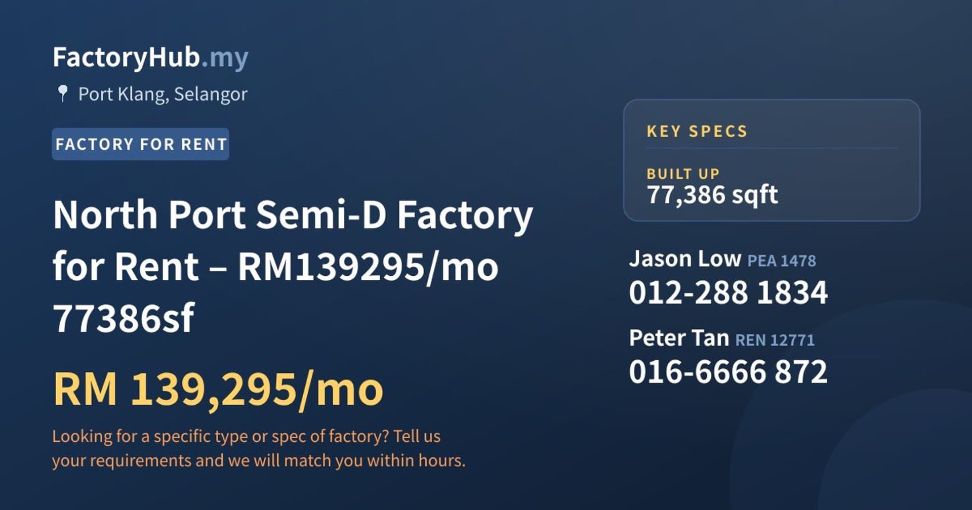 North Port Semi-D Factory for Rent – RM139295/mo 77386sf - Property image 1 of 4