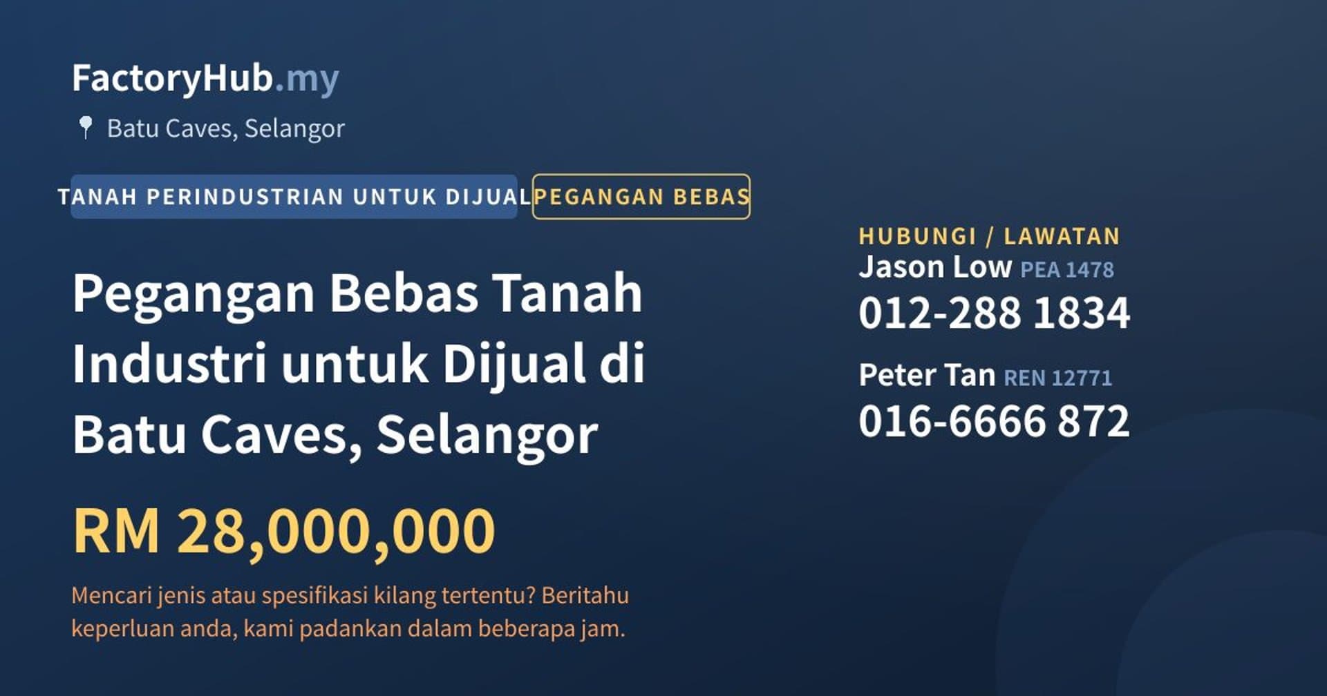 Pegangan Bebas Tanah Industri untuk Dijual di Batu Caves, Selangor · Imej hartanah 1/2