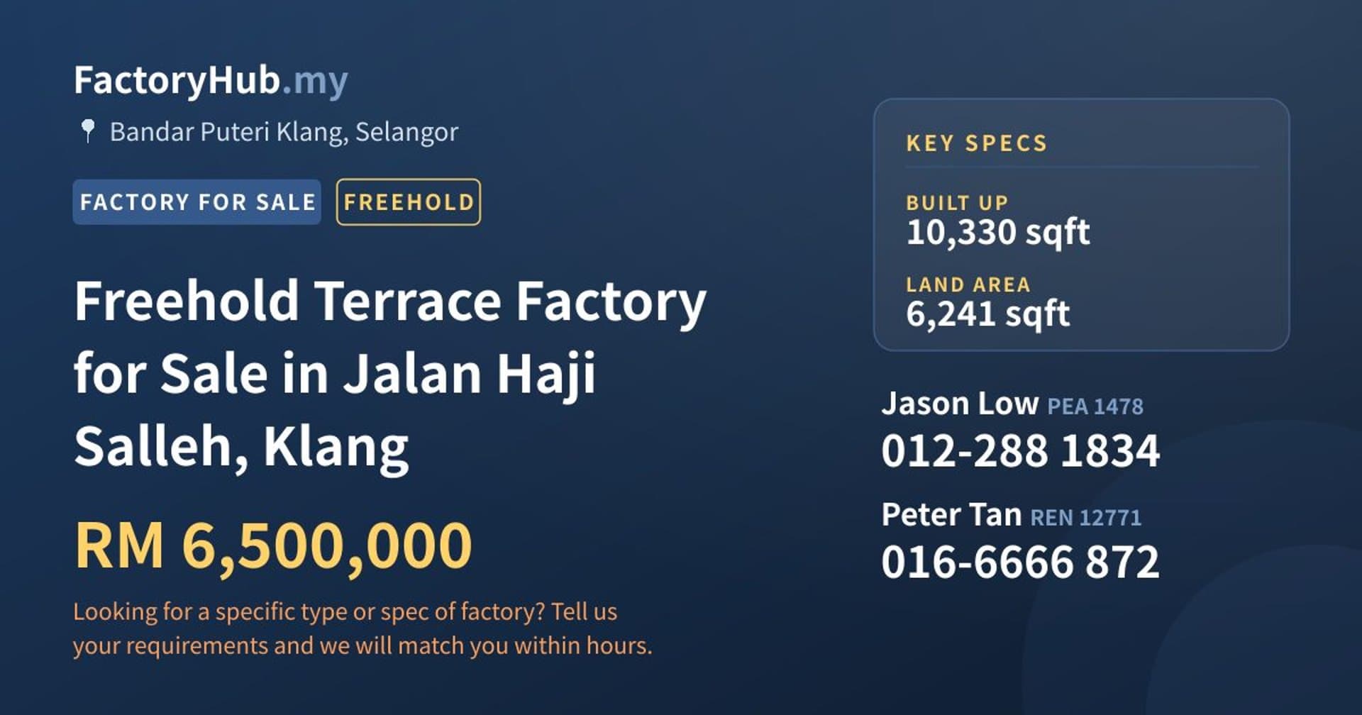 Freehold Terrace Factory for Sale in Jalan Haji Salleh, Klang - Property image 1 of 2