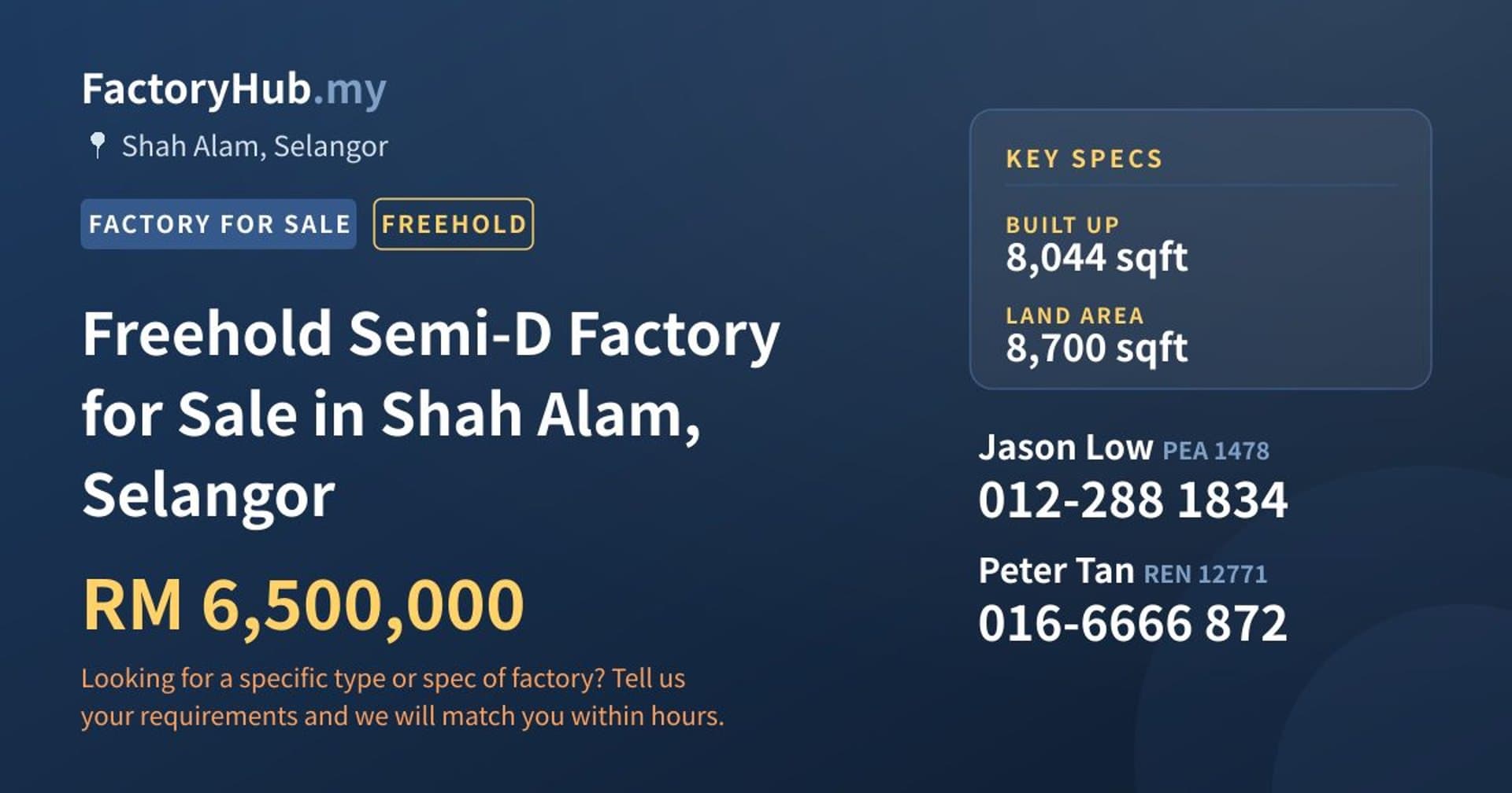 Freehold Semi-D Factory for Sale in Shah Alam, Selangor - Property image 1 of 2