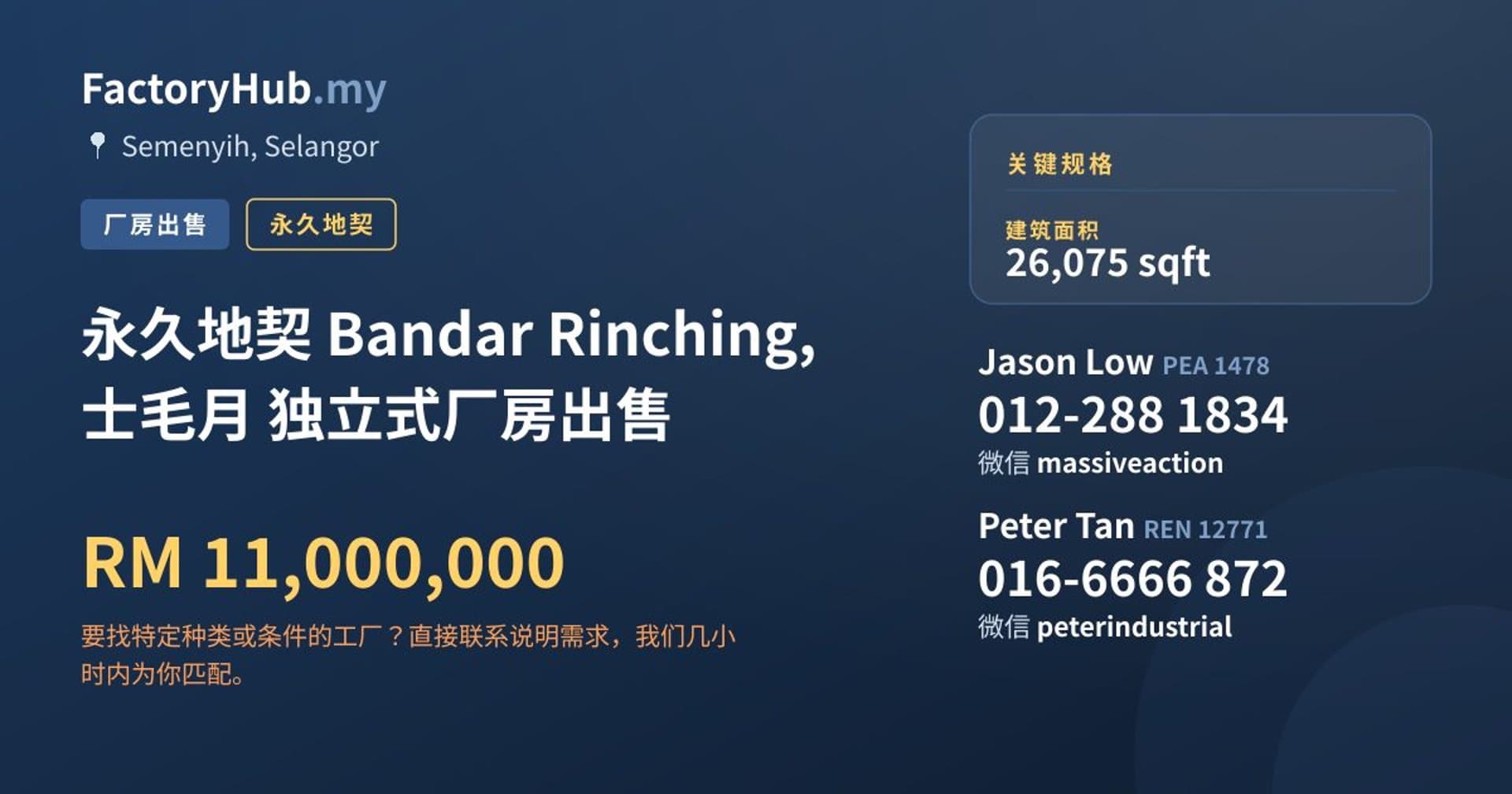 永久地契 Bandar Rinching, 士毛月 独立式厂房出售 · 房源图片 1/2