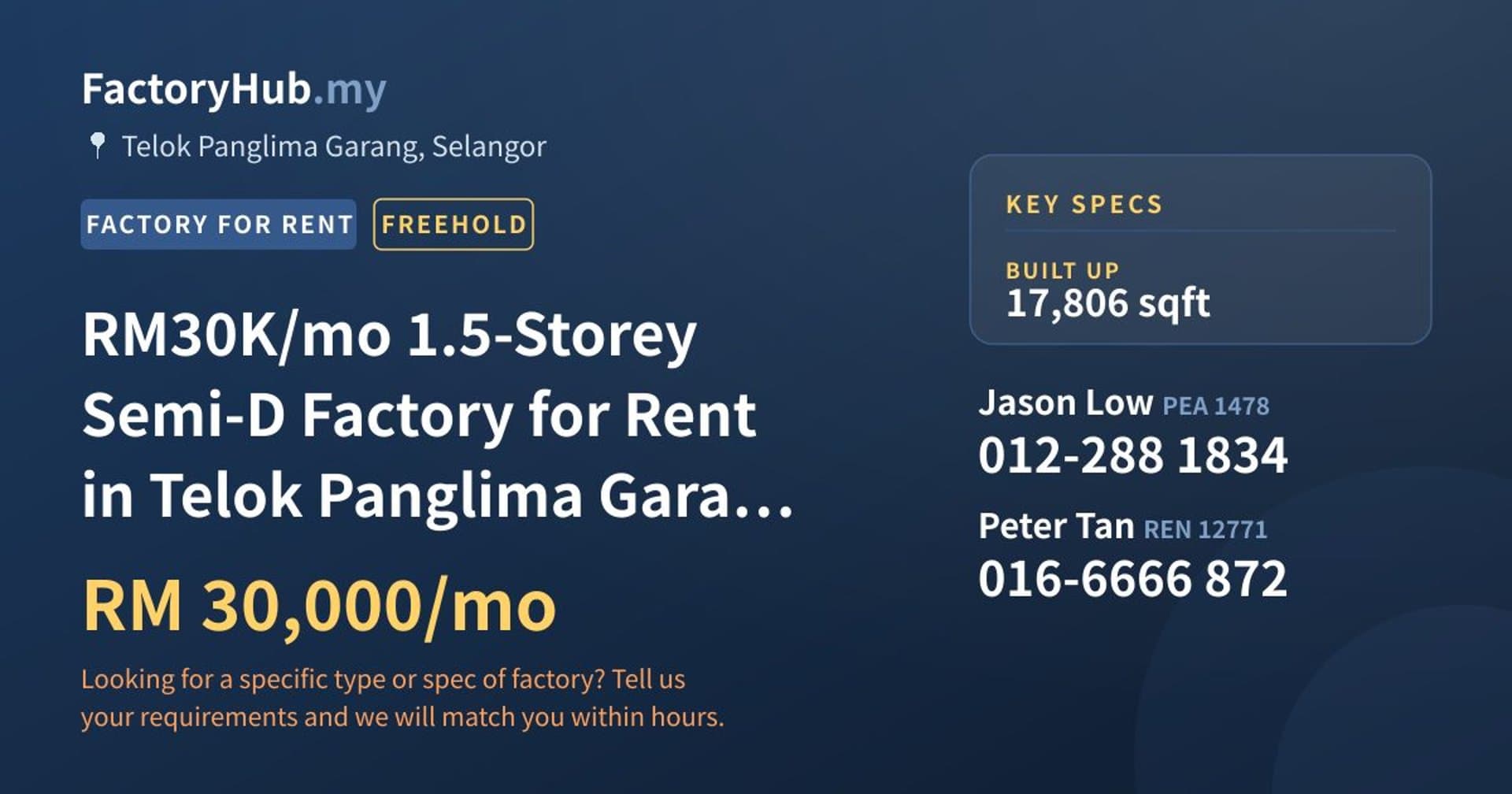RM30K/mo 1.5-Storey Semi-D Factory for Rent in Telok Panglima Garang – 17806sf - Property image 1 of 6