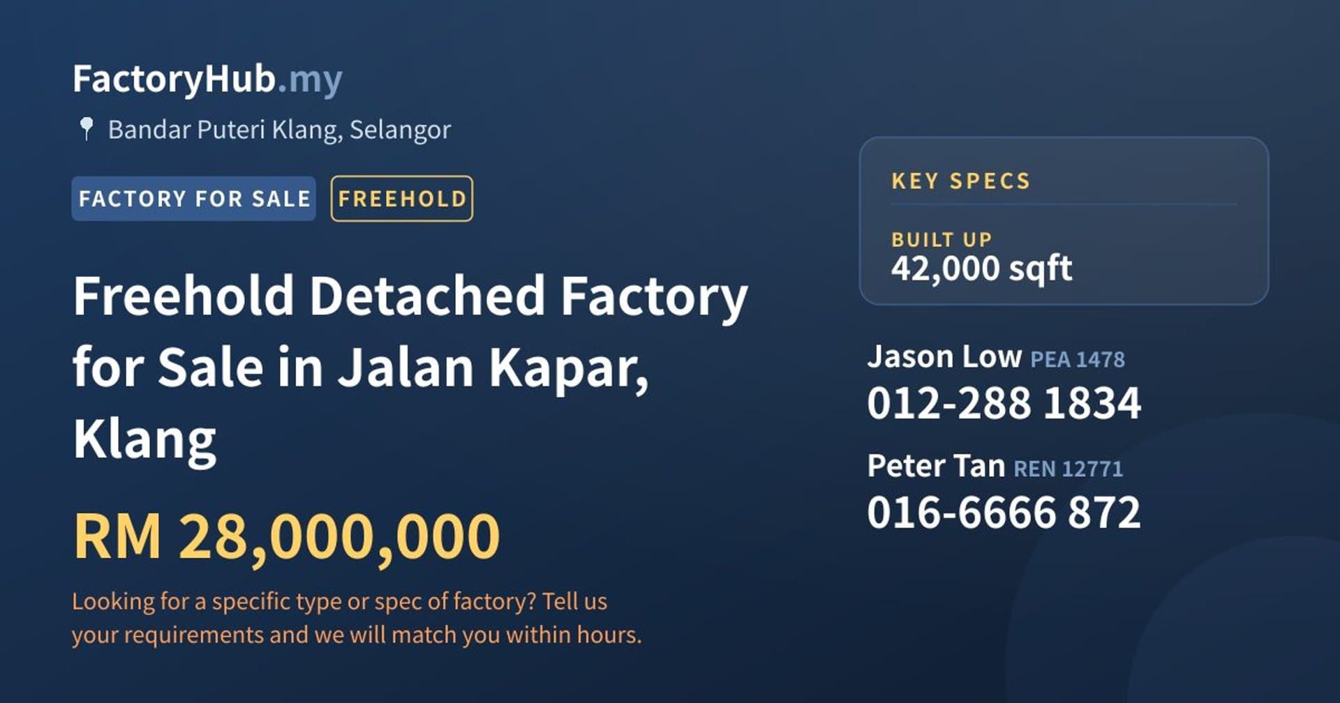 Freehold Detached Factory for Sale in Jalan Kapar, Klang - Property image 1 of 2
