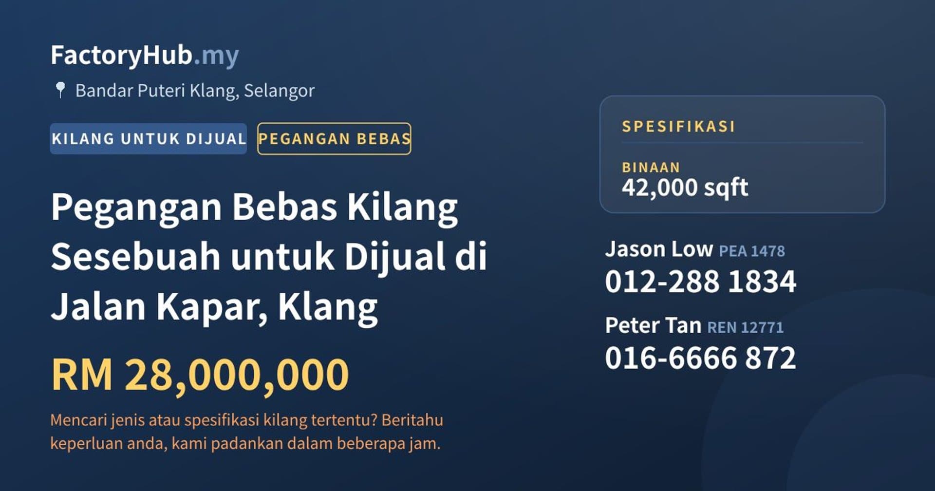 Pegangan Bebas Kilang Sesebuah untuk Dijual di Jalan Kapar, Klang · Imej hartanah 1/2