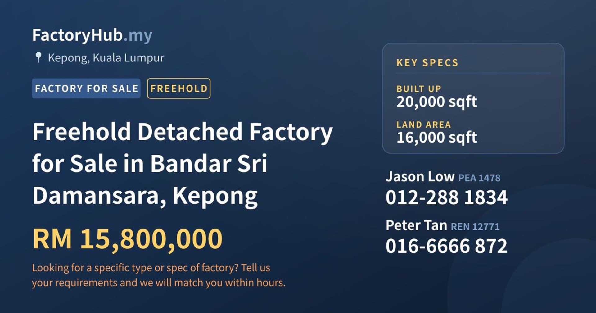 Freehold Detached Factory for Sale in Bandar Sri Damansara, Kepong - Property image 1 of 2