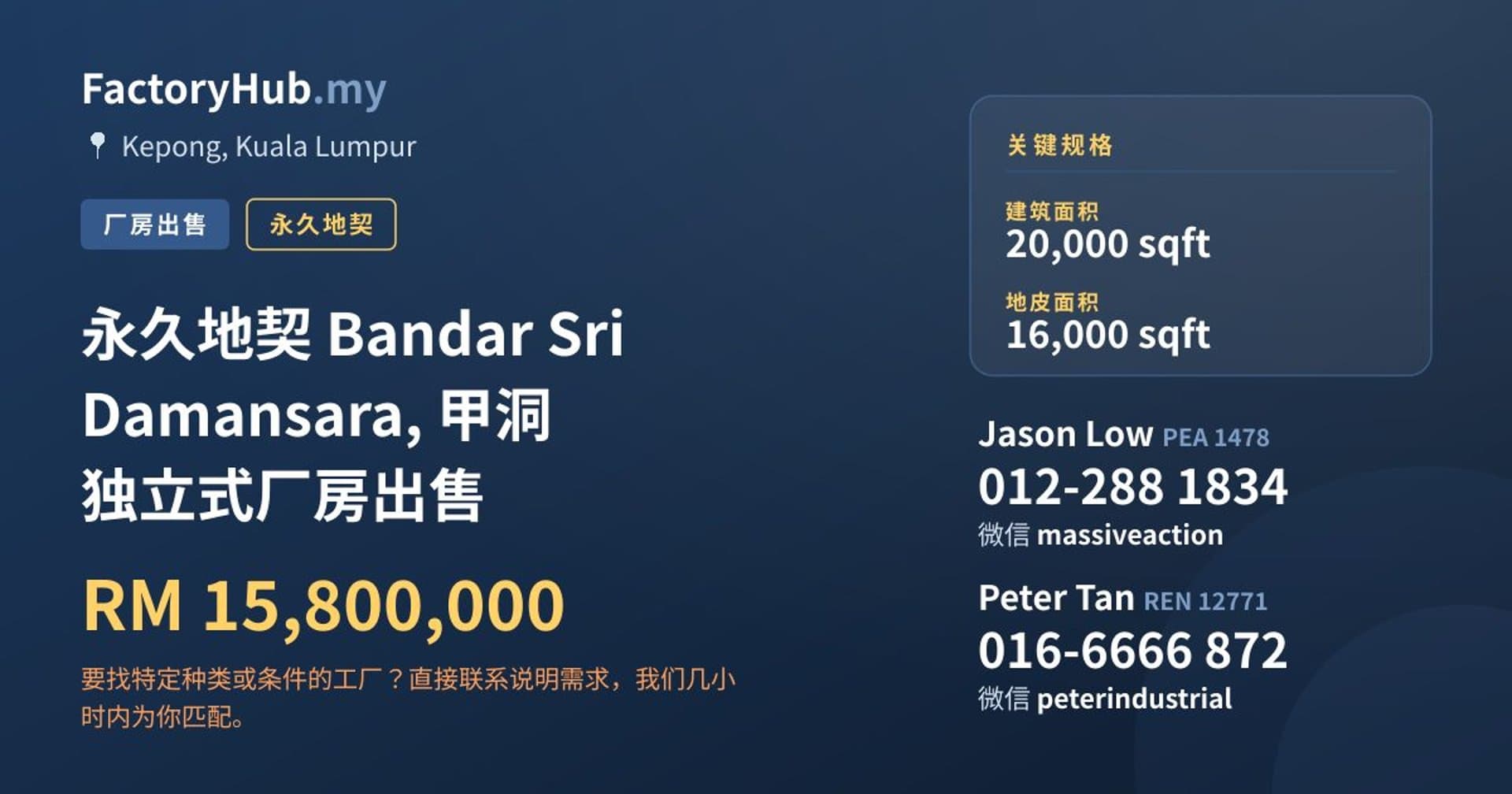 永久地契 Bandar Sri Damansara, 甲洞 独立式厂房出售 · 房源图片 1/2