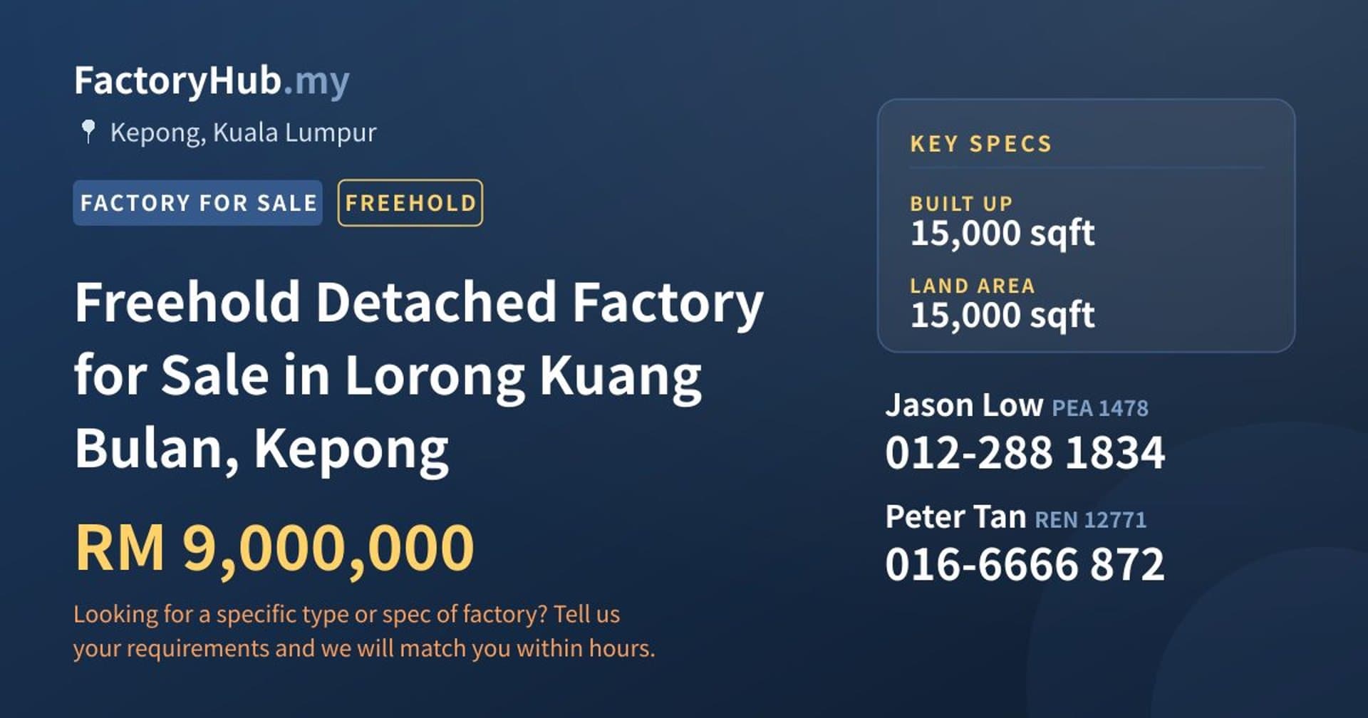 Freehold Detached Factory for Sale in Lorong Kuang Bulan, Kepong - Property image 1 of 2