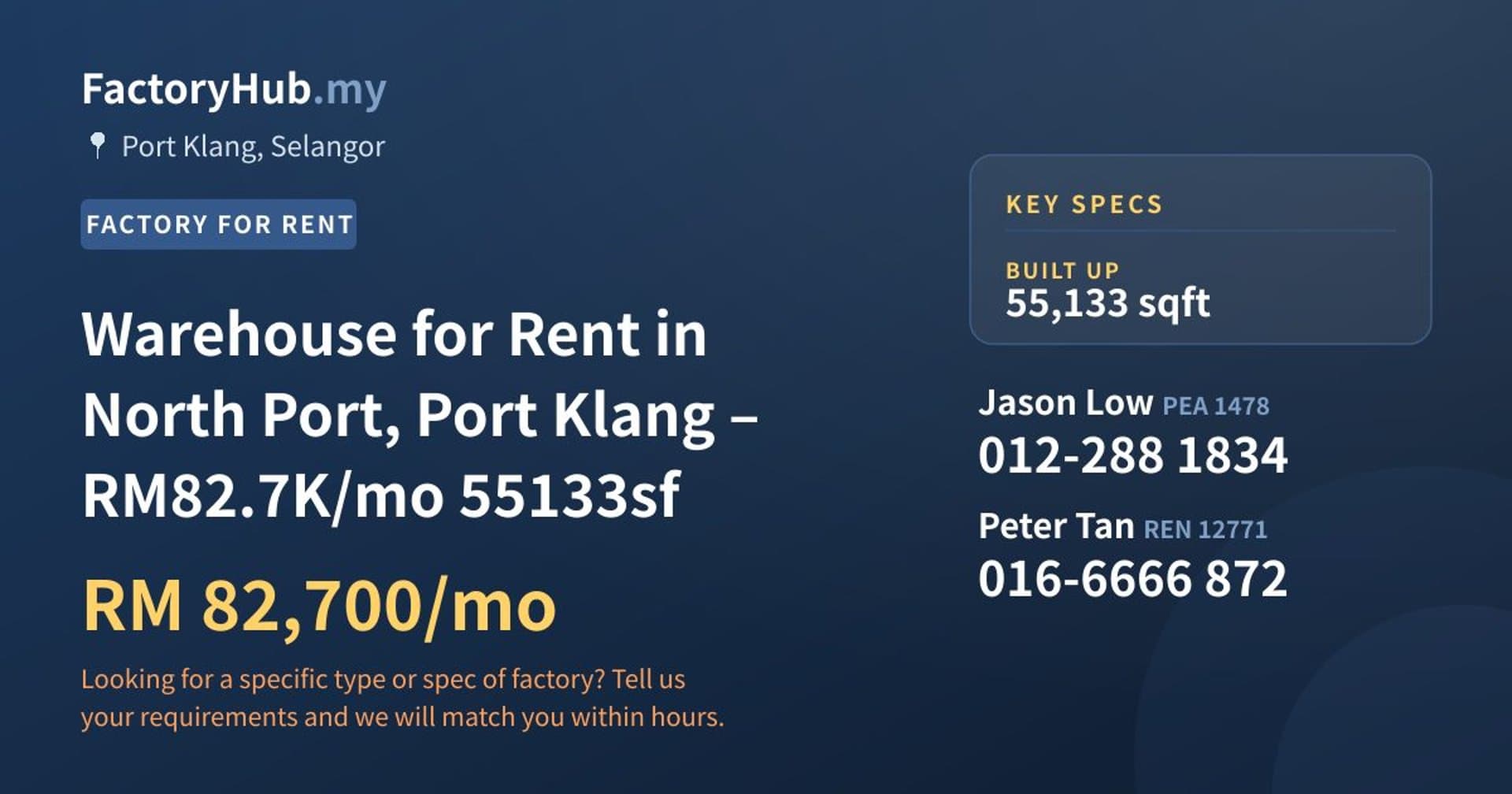 Warehouse for Rent in North Port, Port Klang – RM82.7K/mo 55133sf - Property image 1 of 5
