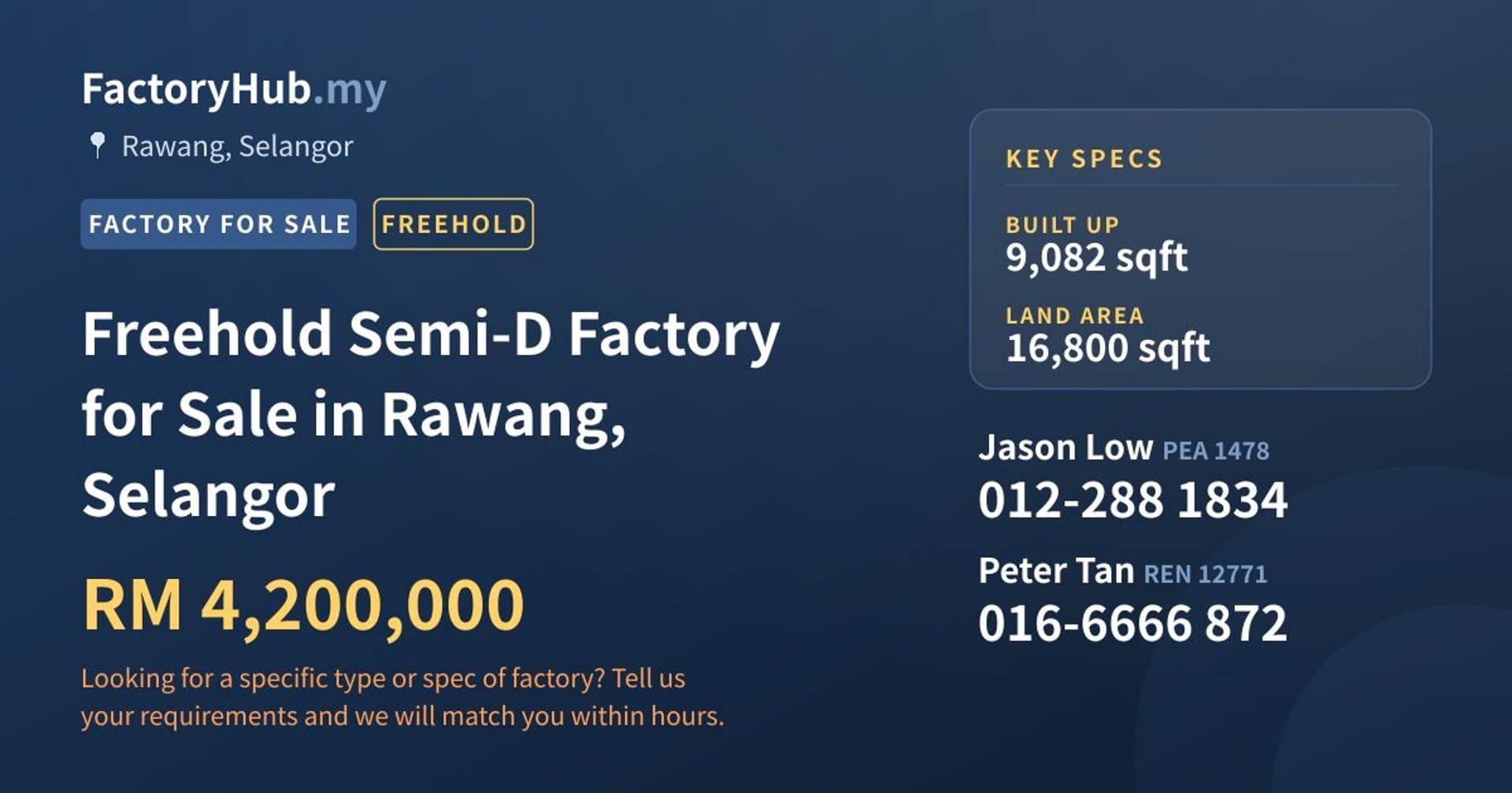 Freehold Semi-D Factory for Sale in Rawang, Selangor - Property image 1 of 2